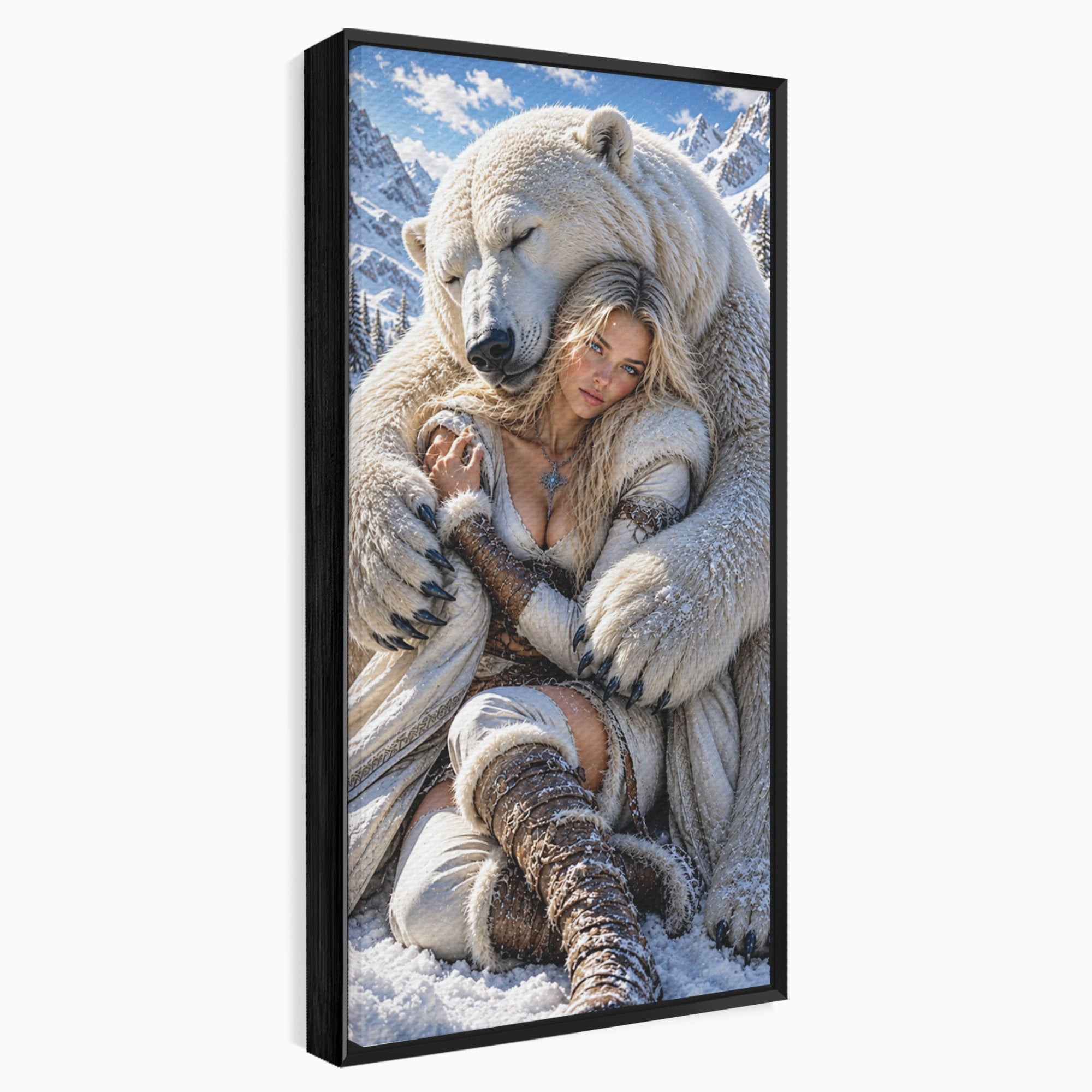 Tablou Canvas Premium LuxCanva® U1127, Imbratisarea Ursului Polar, Iarna, Femeie, Natura,  Urs, Polar, Living, Culori Vibrante