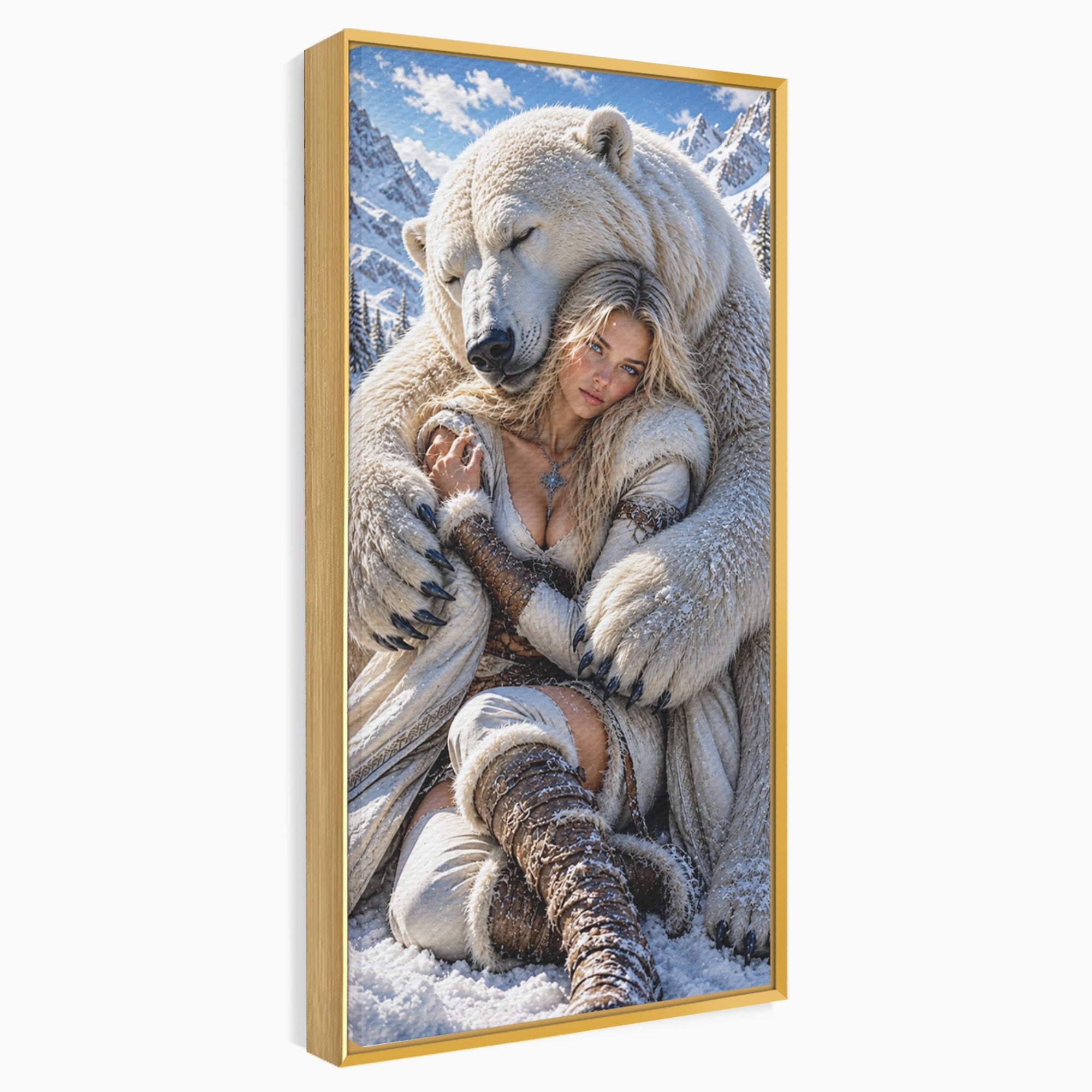 Tablou Canvas Premium LuxCanva® U1127, Imbratisarea Ursului Polar, Iarna, Femeie, Natura,  Urs, Polar, Living, Culori Vibrante