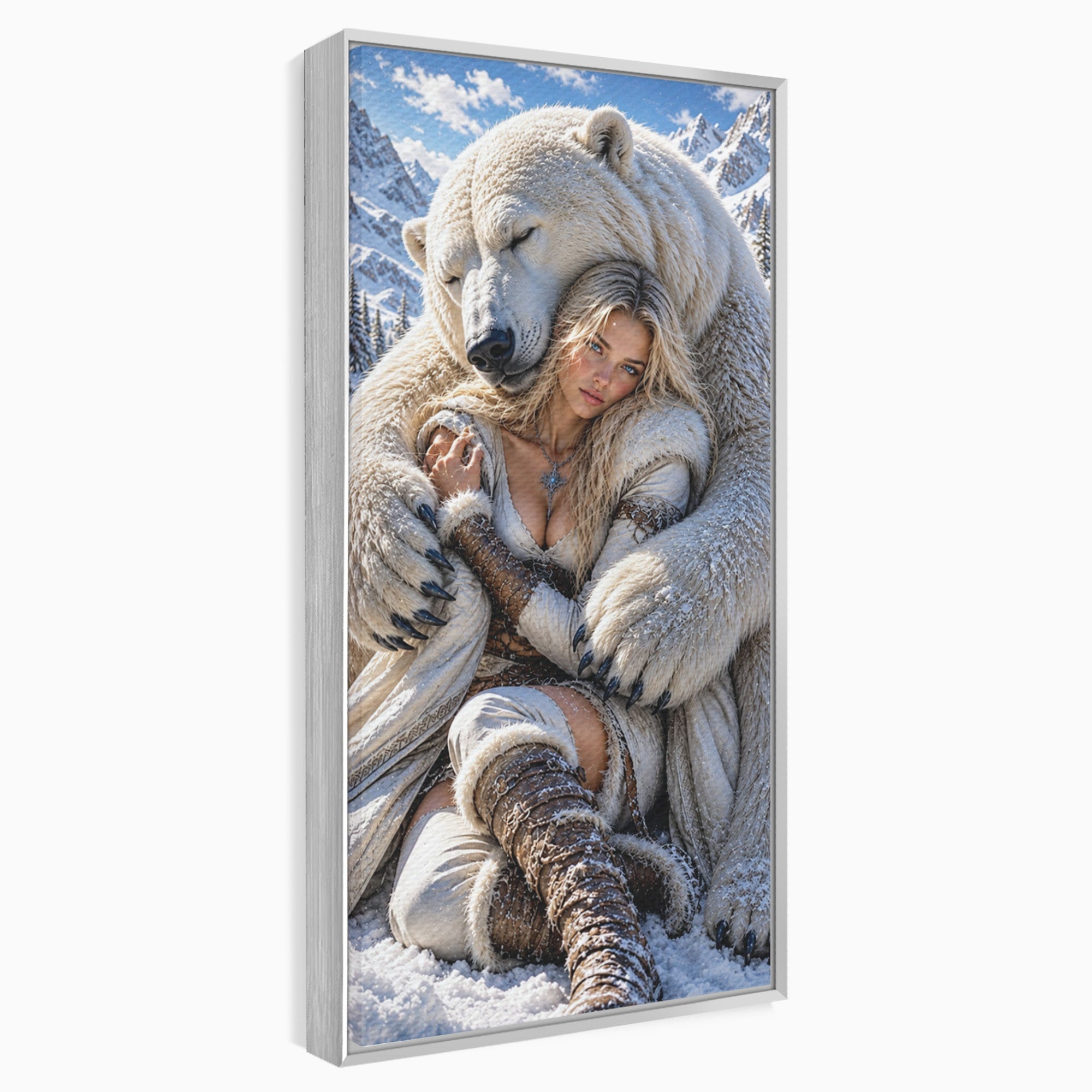 Tablou Canvas Premium LuxCanva® U1127, Imbratisarea Ursului Polar, Iarna, Femeie, Natura,  Urs, Polar, Living, Culori Vibrante