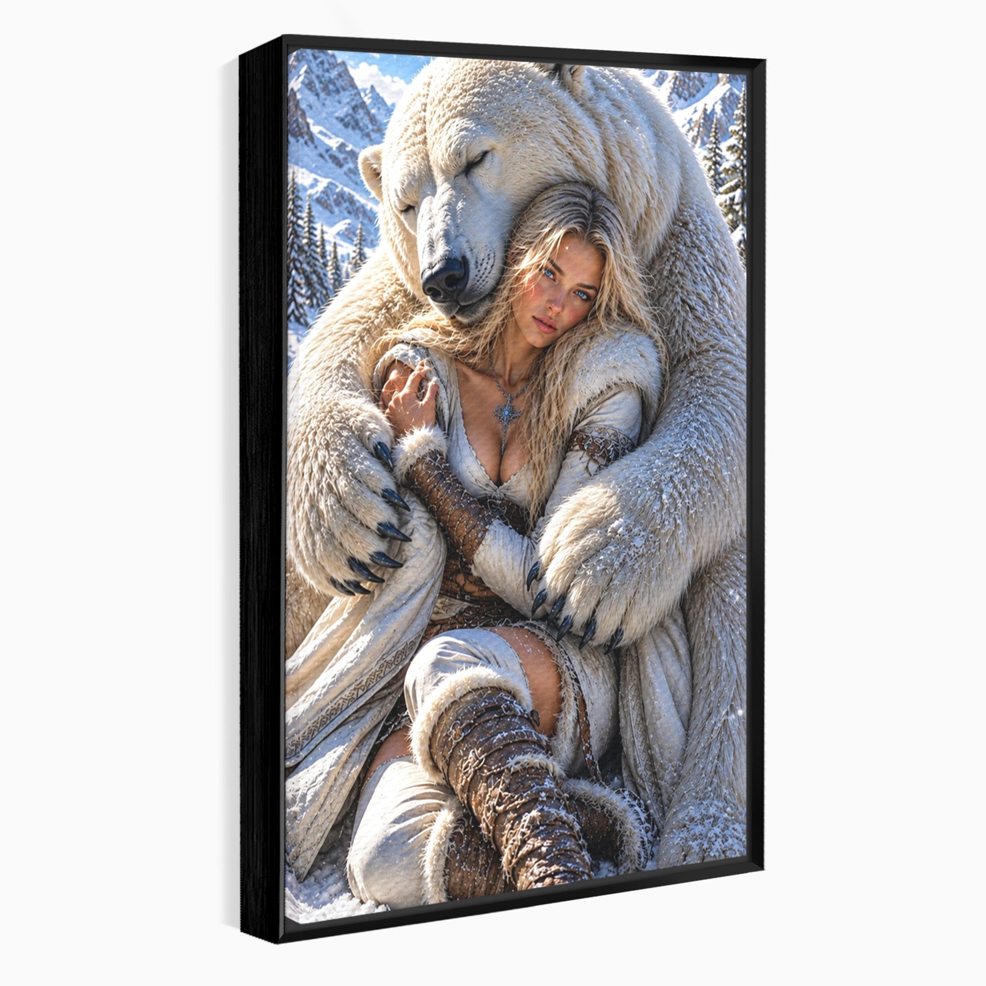Tablou Canvas Premium LuxCanva® U1127, Imbratisarea Ursului Polar, Iarna, Femeie, Natura,  Urs, Polar, Living, Culori Vibrante
