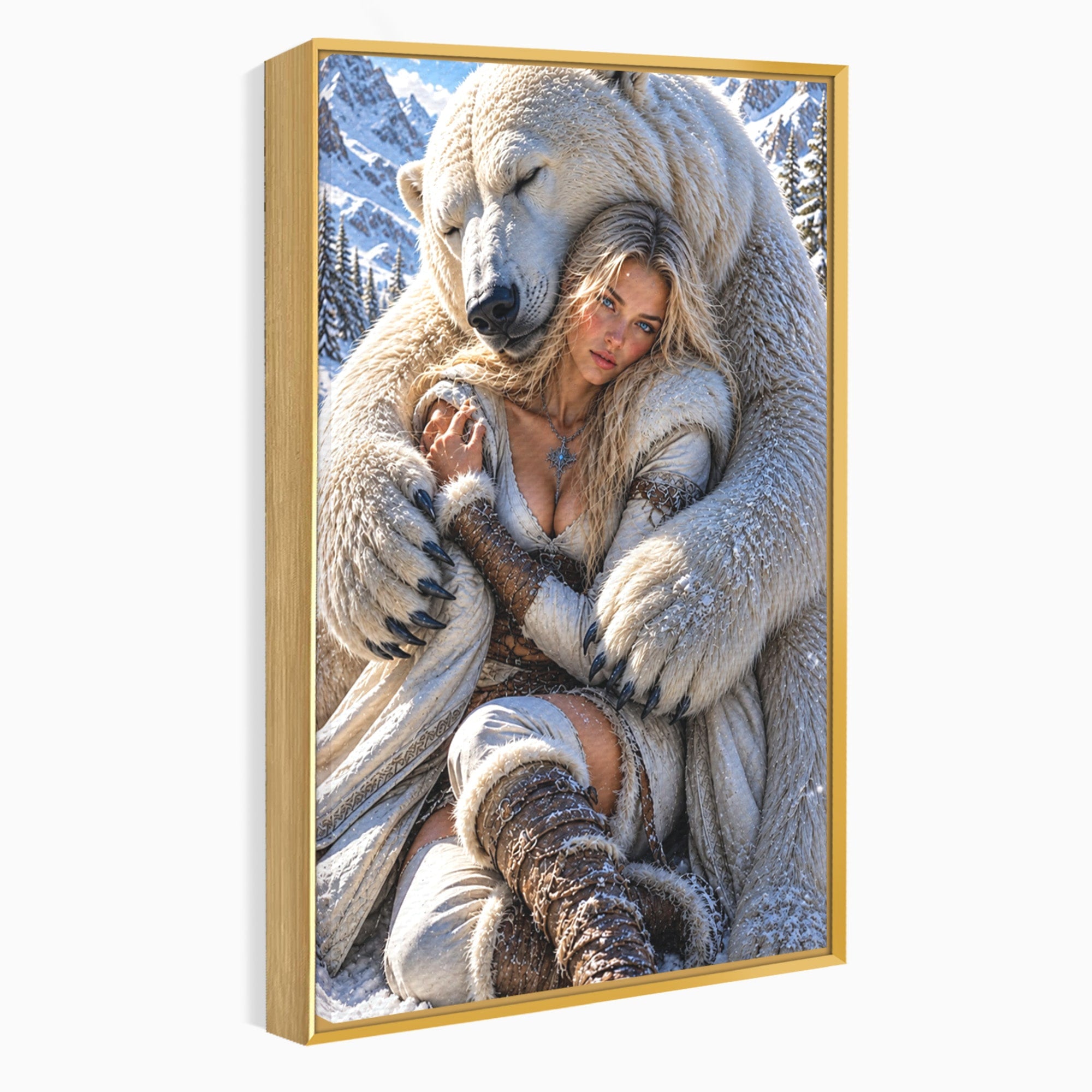 Tablou Canvas Premium LuxCanva® U1127, Imbratisarea Ursului Polar, Iarna, Femeie, Natura,  Urs, Polar, Living, Culori Vibrante