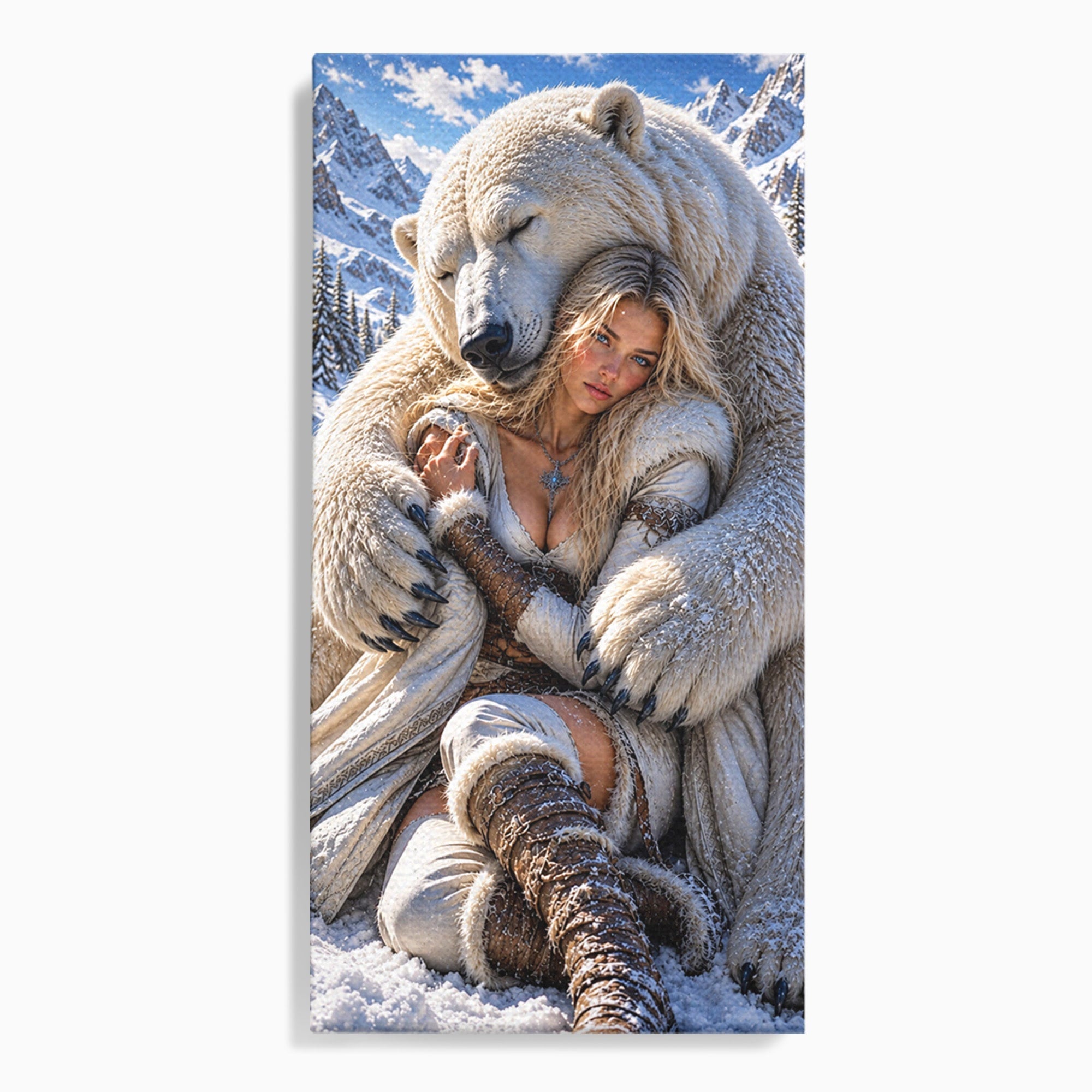 Tablou Canvas Premium LuxCanva® U1127, Imbratisarea Ursului Polar, Iarna, Femeie, Natura,  Urs, Polar, Living, Culori Vibrante