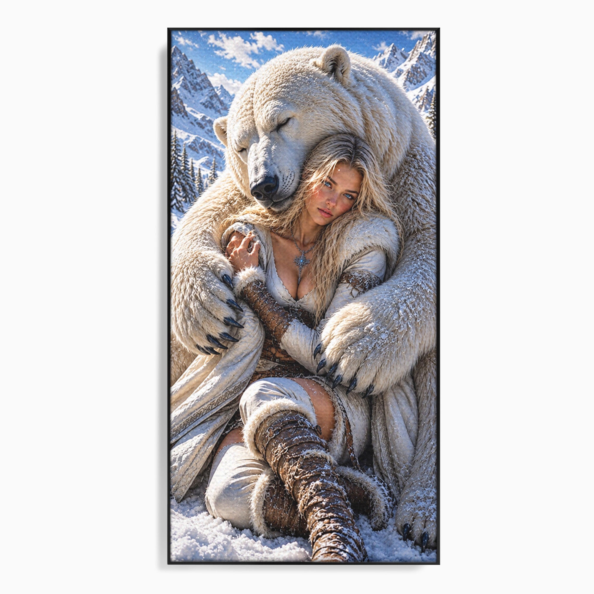 Tablou Canvas Premium LuxCanva® U1127, Imbratisarea Ursului Polar, Iarna, Femeie, Natura,  Urs, Polar, Living, Culori Vibrante