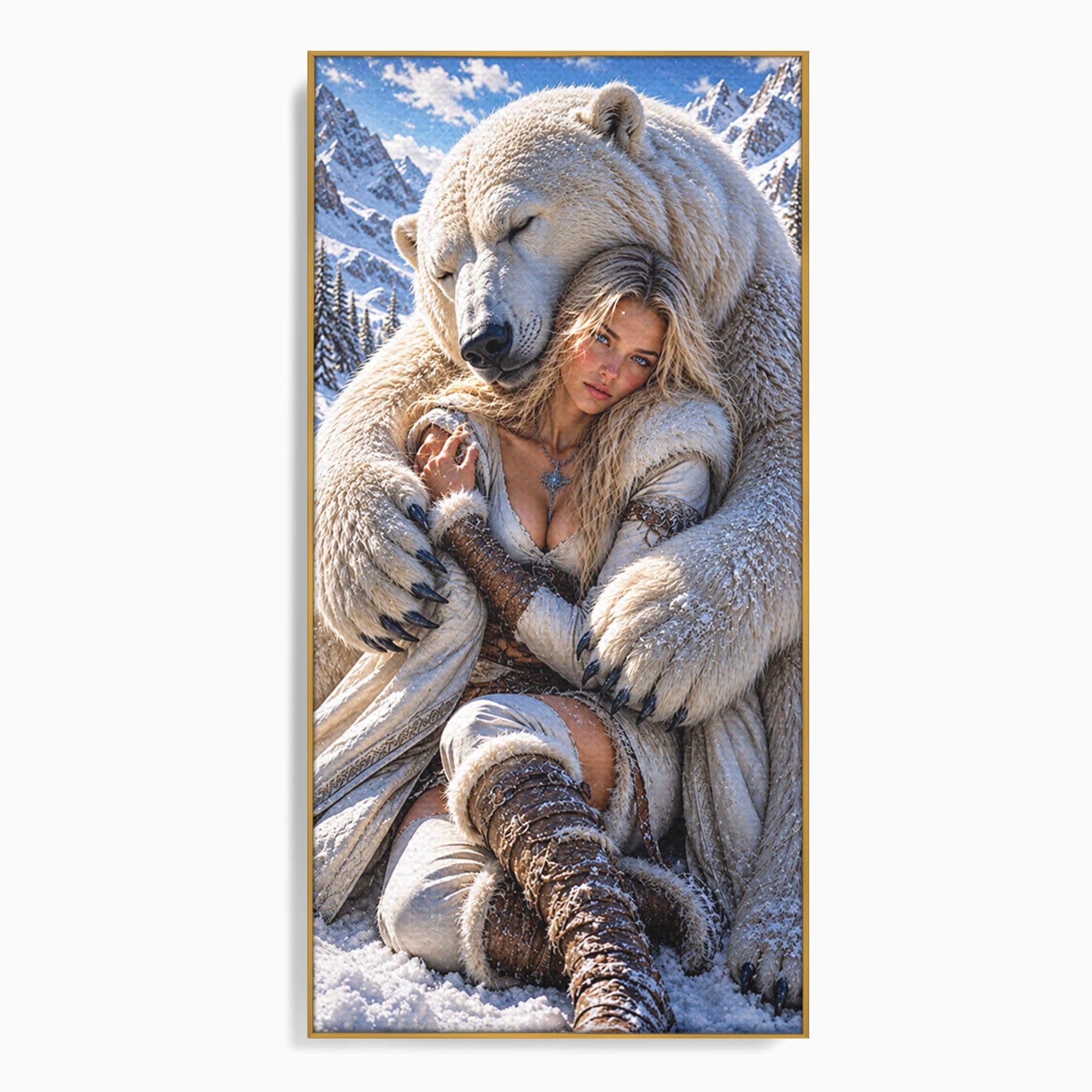 Tablou Canvas Premium LuxCanva® U1127, Imbratisarea Ursului Polar, Iarna, Femeie, Natura,  Urs, Polar, Living, Culori Vibrante