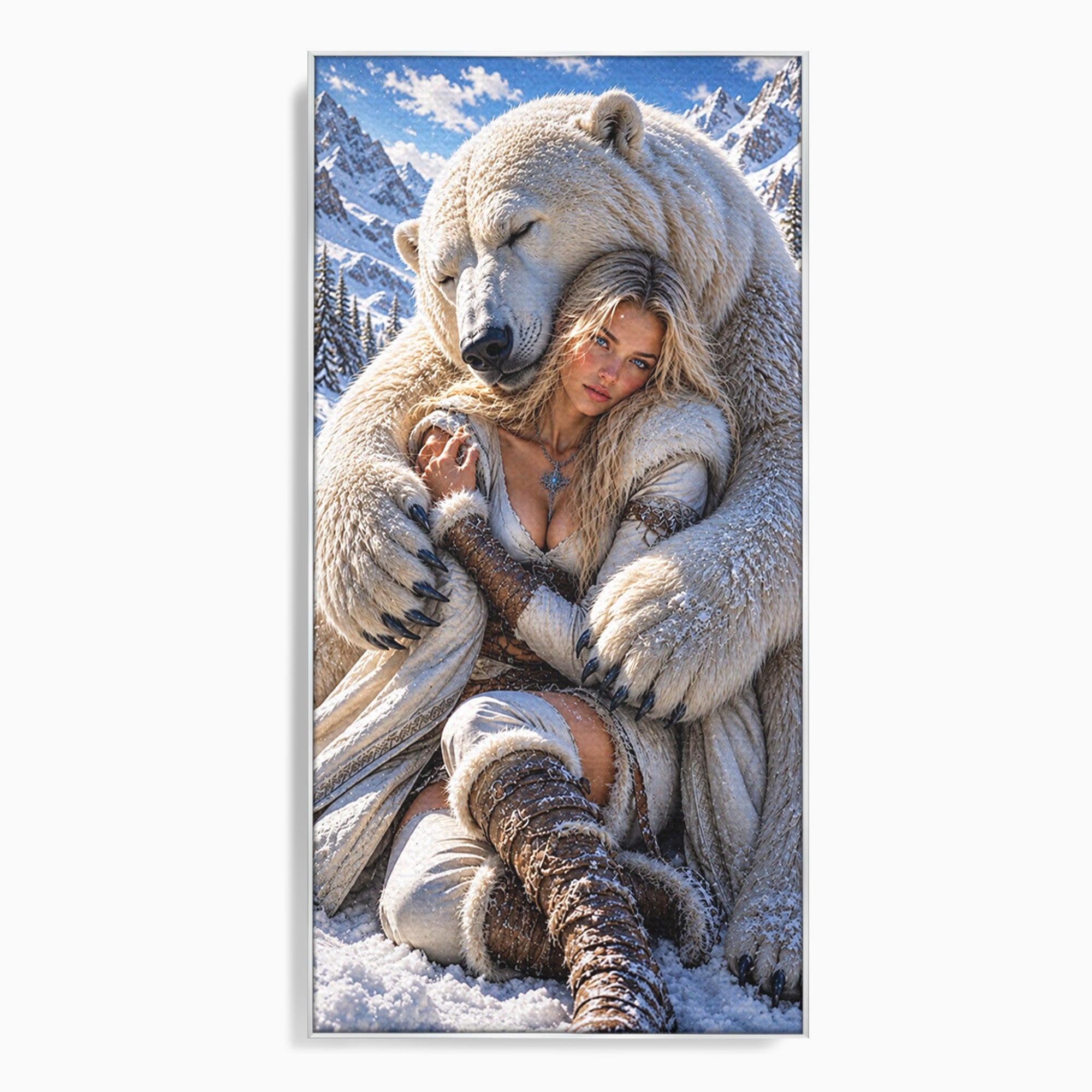 Tablou Canvas Premium LuxCanva® U1127, Imbratisarea Ursului Polar, Iarna, Femeie, Natura,  Urs, Polar, Living, Culori Vibrante