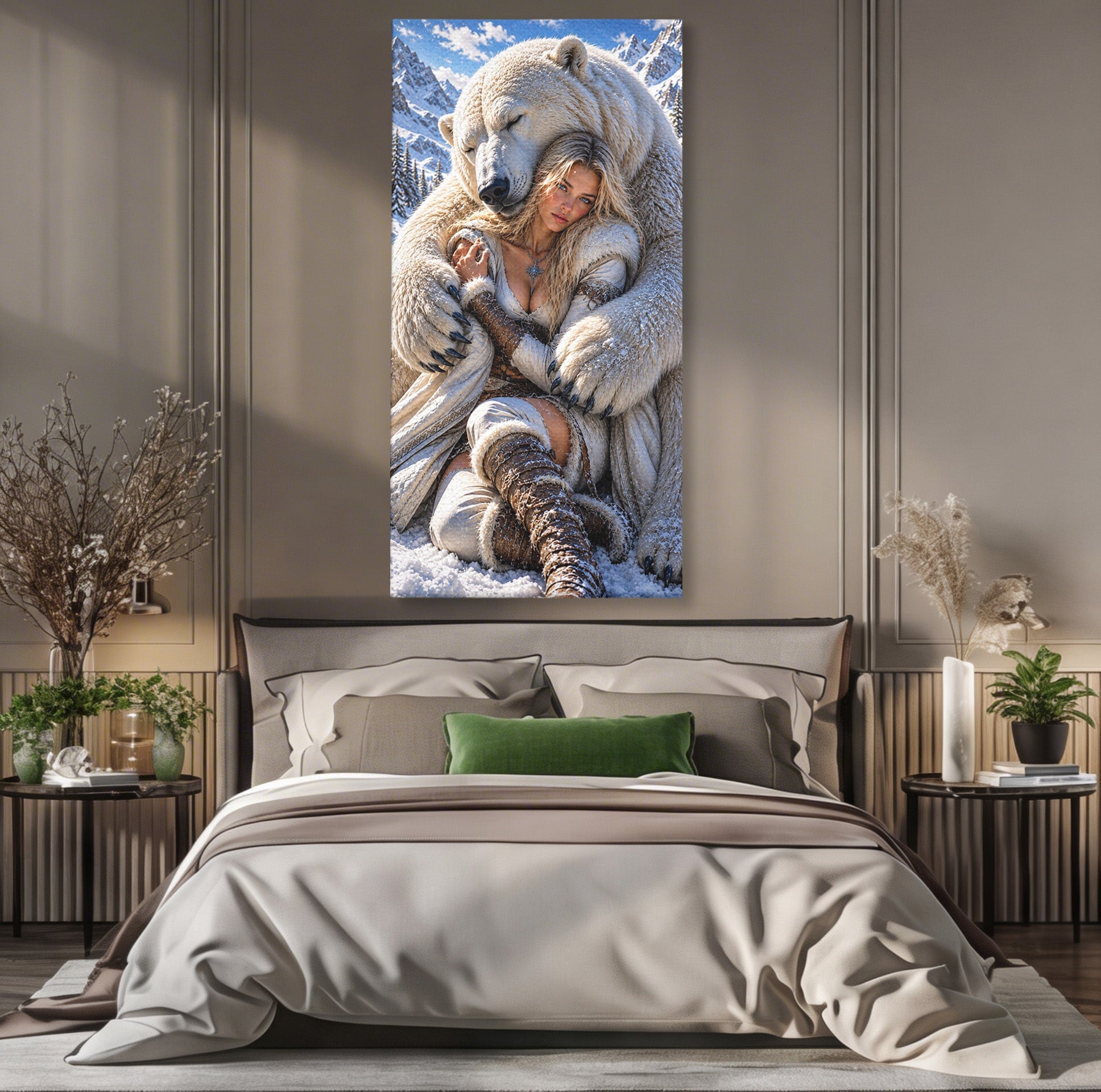Tablou Canvas Premium LuxCanva® U1127, Imbratisarea Ursului Polar, Iarna, Femeie, Natura,  Urs, Polar, Living, Culori Vibrante