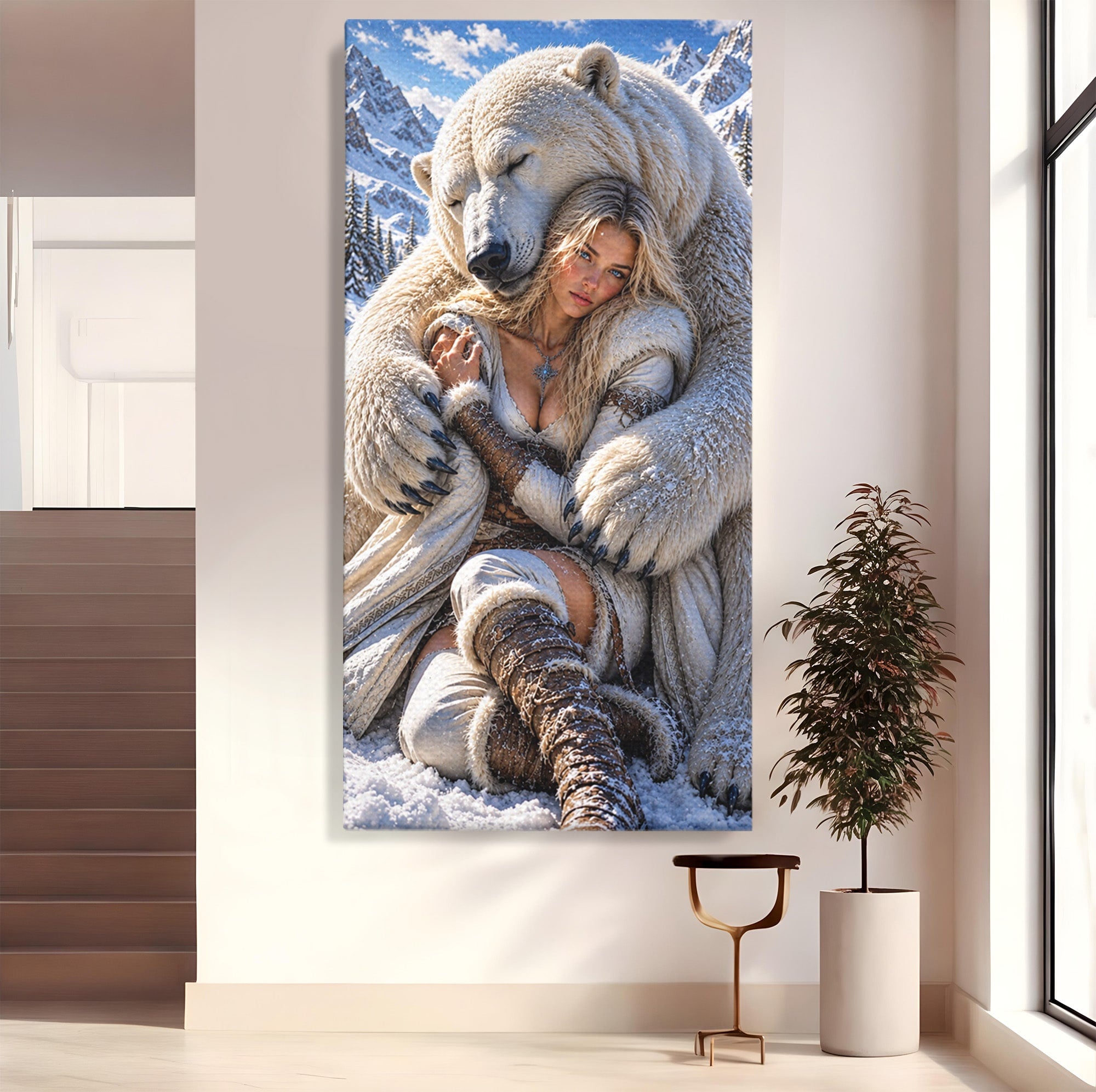 Tablou Canvas Premium LuxCanva® U1127, Imbratisarea Ursului Polar, Iarna, Femeie, Natura,  Urs, Polar, Living, Culori Vibrante