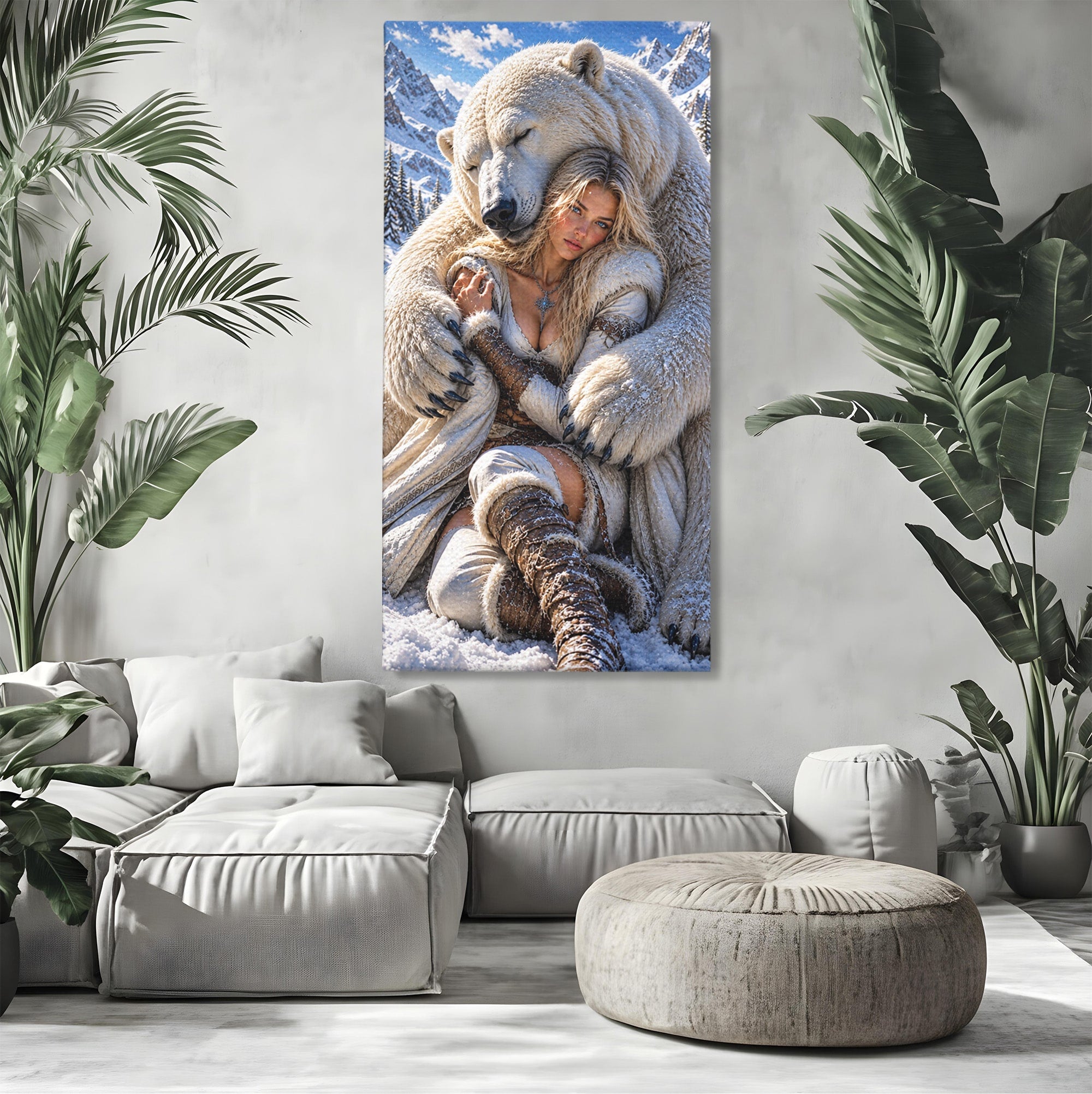 Tablou Canvas Premium LuxCanva® U1127, Imbratisarea Ursului Polar, Iarna, Femeie, Natura,  Urs, Polar, Living, Culori Vibrante