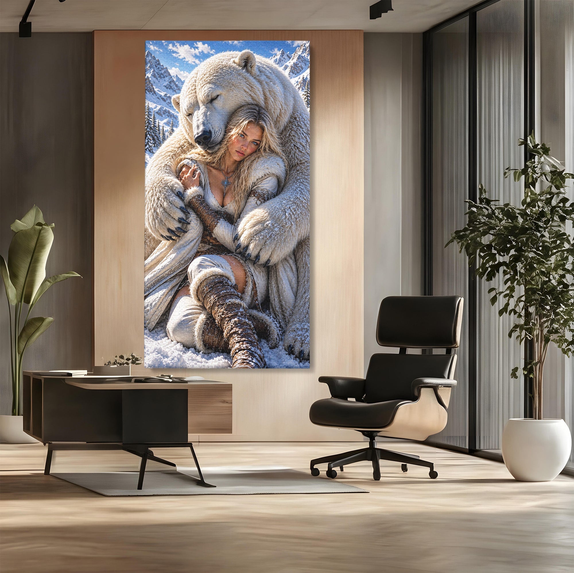 Tablou Canvas Premium LuxCanva® U1127, Imbratisarea Ursului Polar, Iarna, Femeie, Natura,  Urs, Polar, Living, Culori Vibrante