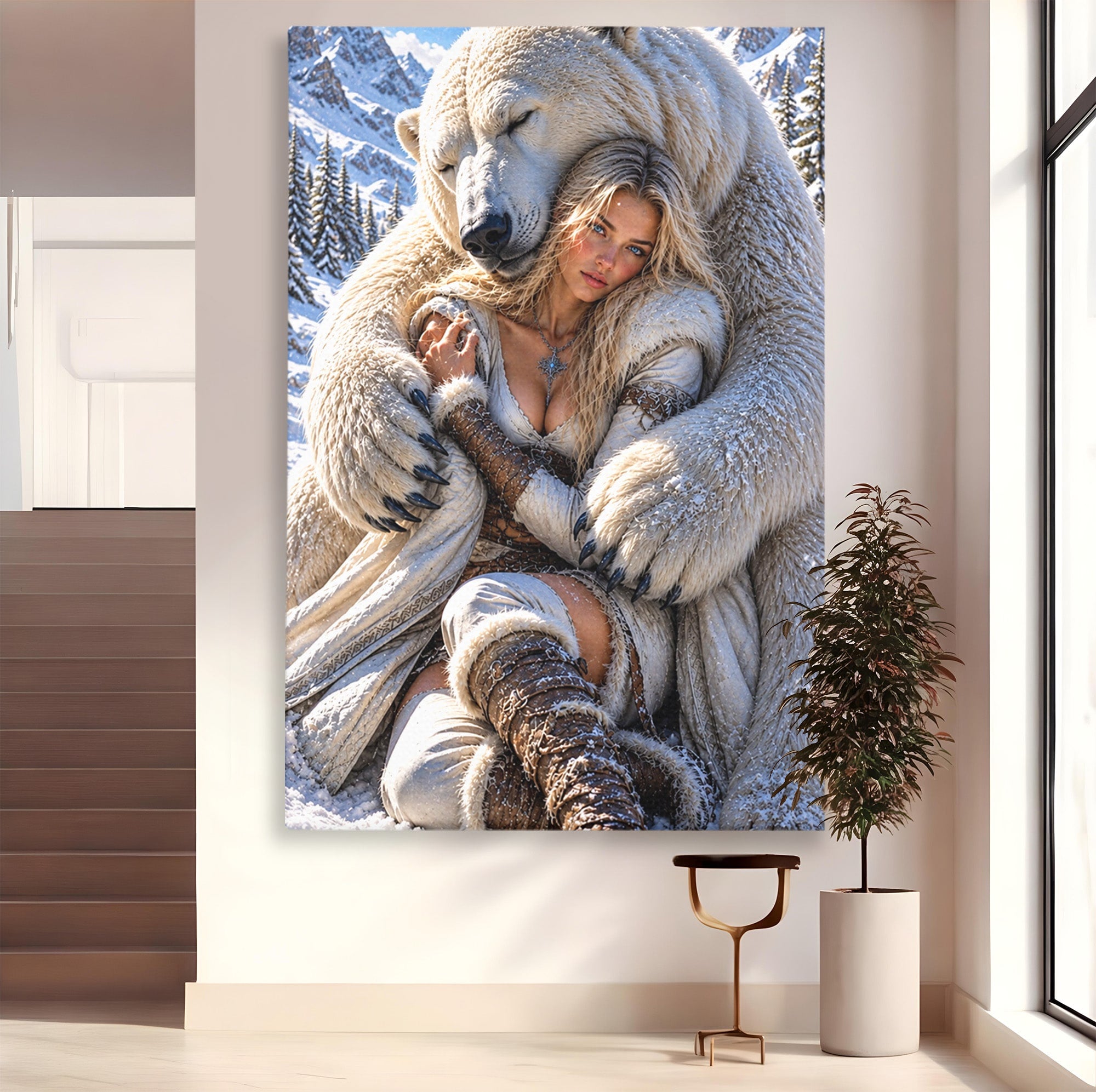 Tablou Canvas Premium LuxCanva® U1127, Imbratisarea Ursului Polar, Iarna, Femeie, Natura,  Urs, Polar, Living, Culori Vibrante