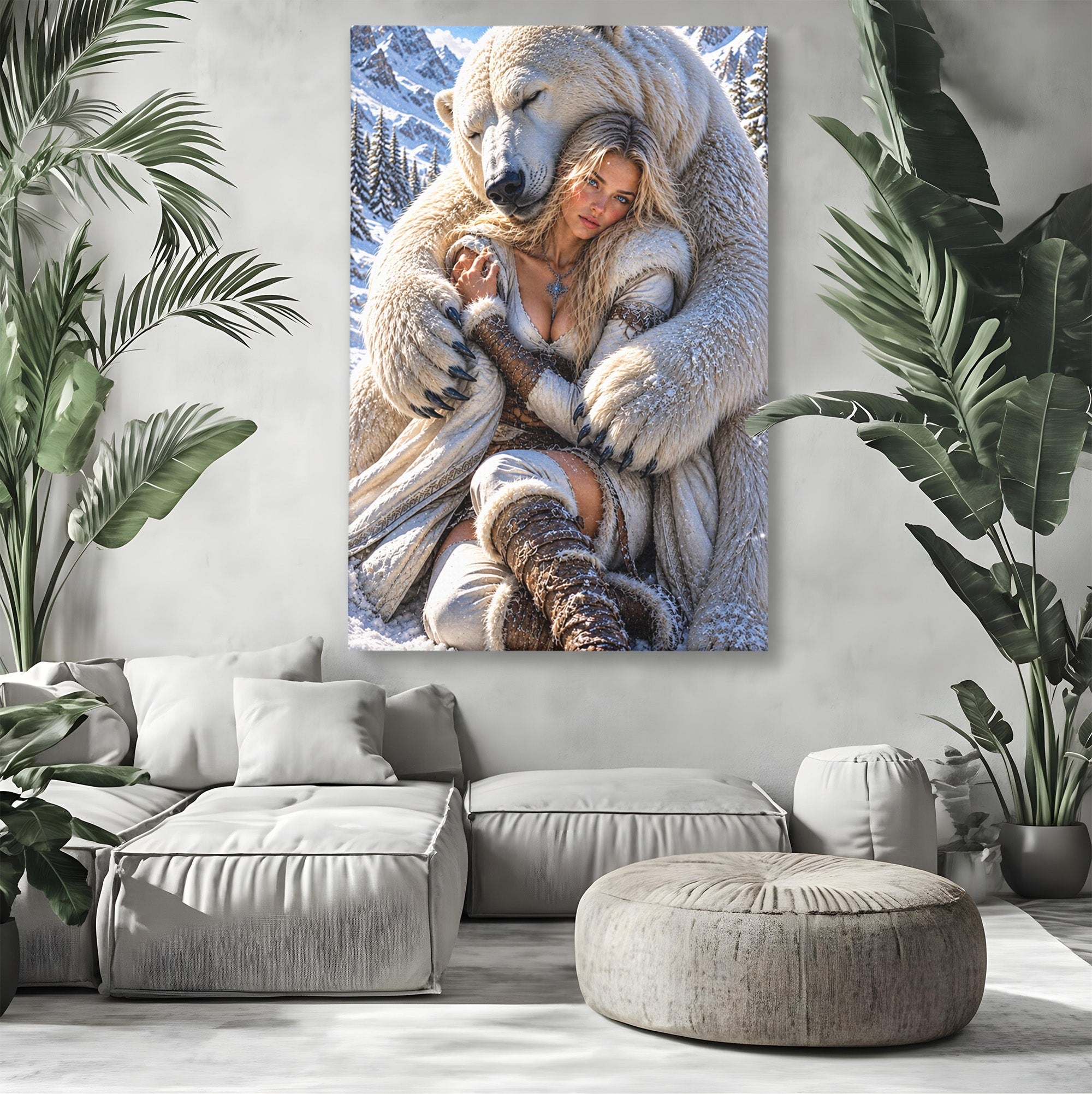Tablou Canvas Premium LuxCanva® U1127, Imbratisarea Ursului Polar, Iarna, Femeie, Natura,  Urs, Polar, Living, Culori Vibrante