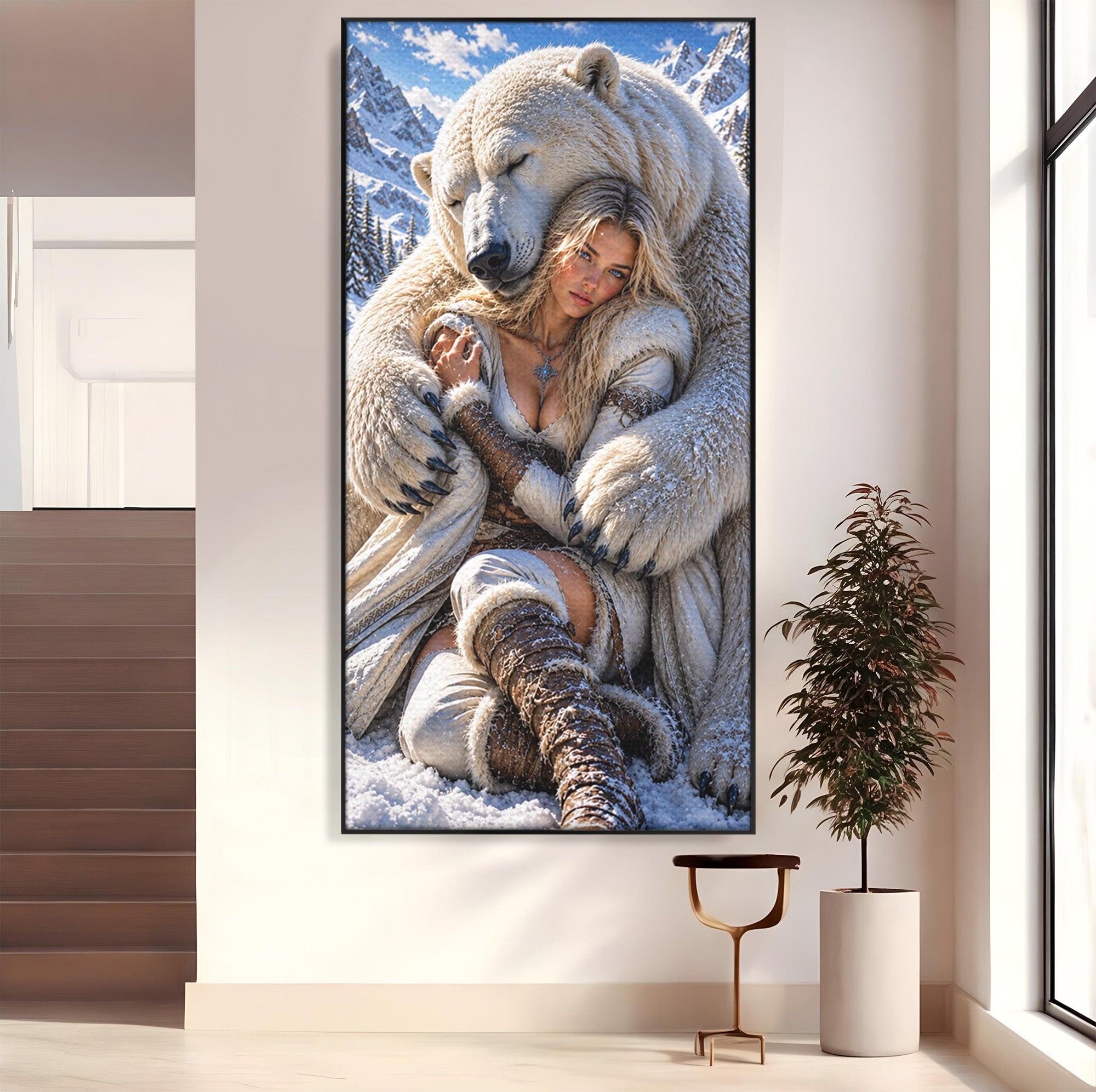 Tablou Canvas Premium LuxCanva® U1127, Imbratisarea Ursului Polar, Iarna, Femeie, Natura,  Urs, Polar, Living, Culori Vibrante