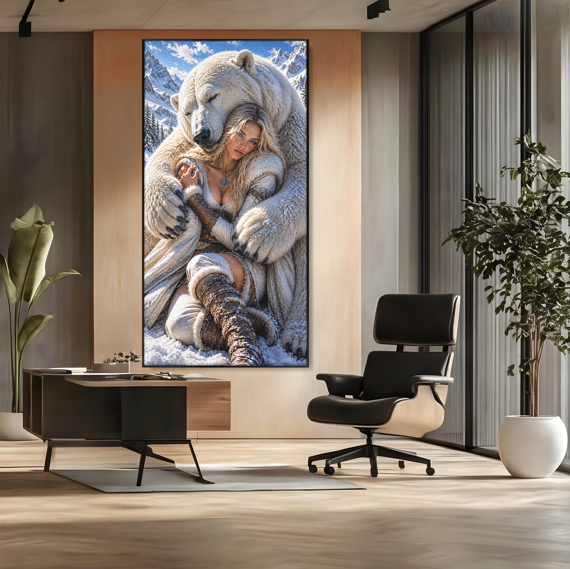 Tablou Canvas Premium LuxCanva® U1127, Imbratisarea Ursului Polar, Iarna, Femeie, Natura,  Urs, Polar, Living, Culori Vibrante
