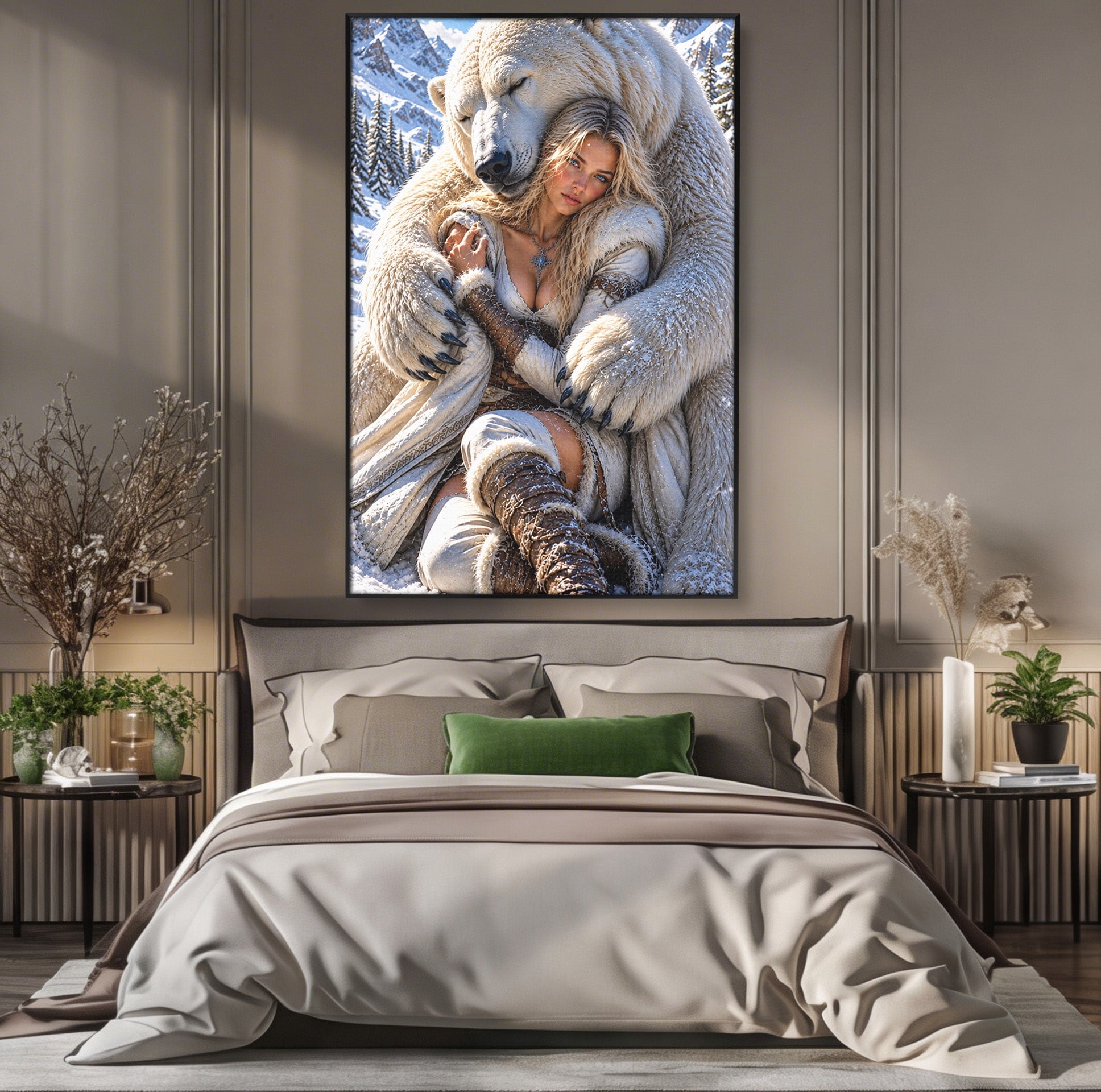 Tablou Canvas Premium LuxCanva® U1127, Imbratisarea Ursului Polar, Iarna, Femeie, Natura,  Urs, Polar, Living, Culori Vibrante