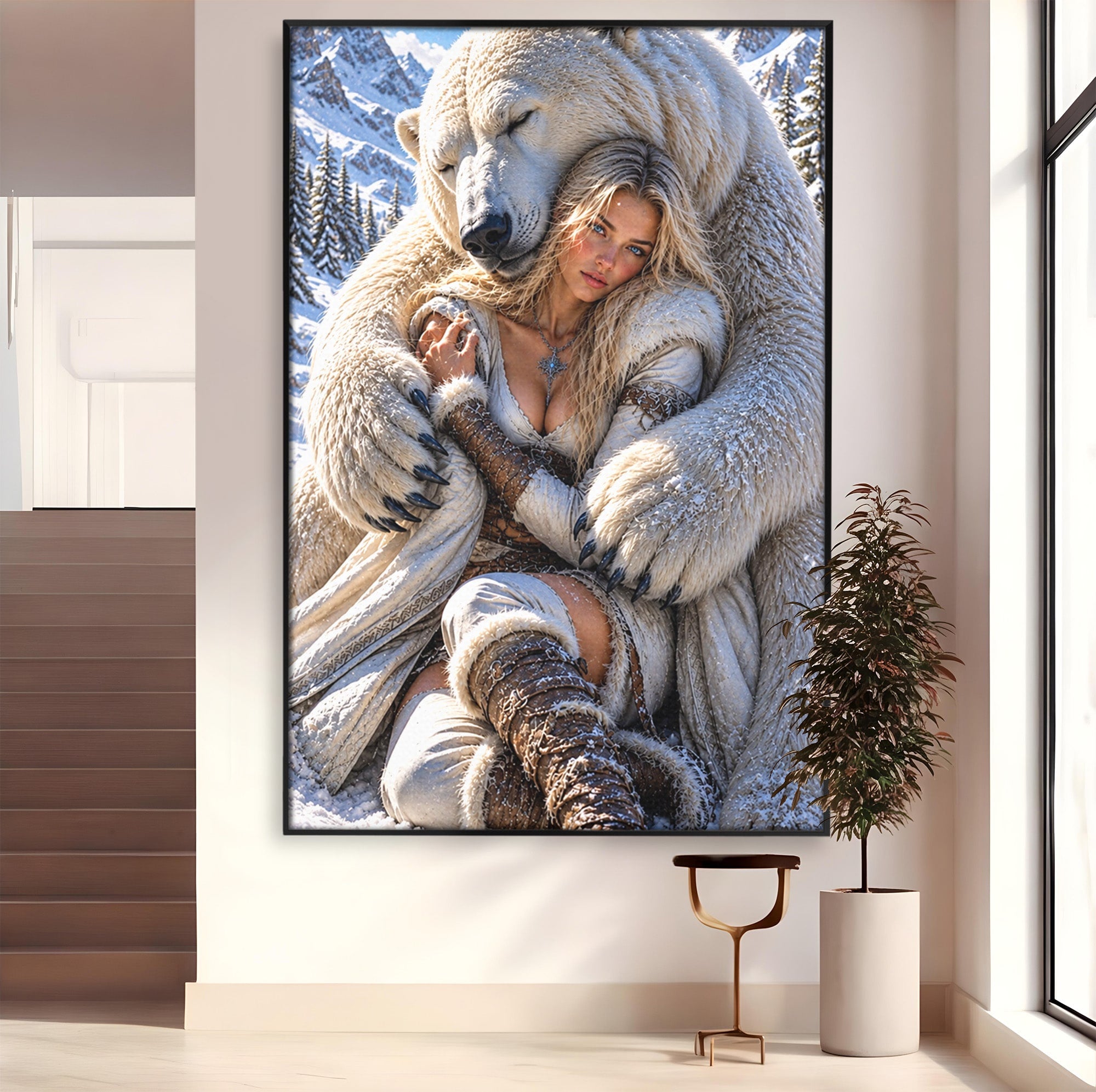 Tablou Canvas Premium LuxCanva® U1127, Imbratisarea Ursului Polar, Iarna, Femeie, Natura,  Urs, Polar, Living, Culori Vibrante