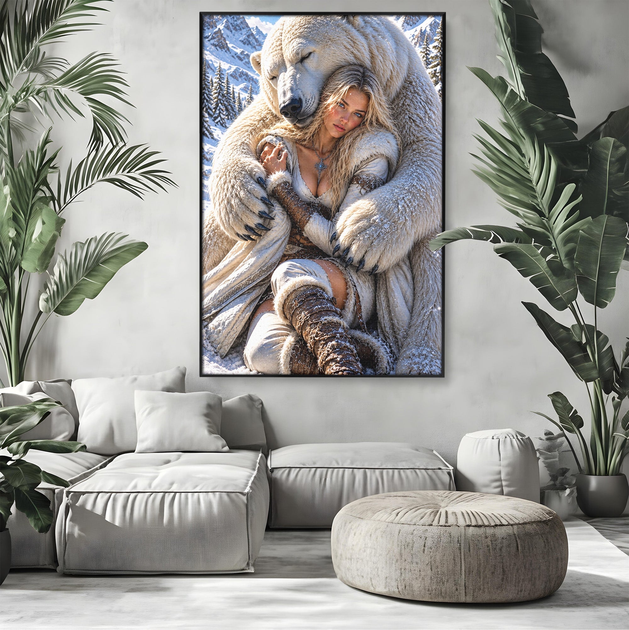 Tablou Canvas Premium LuxCanva® U1127, Imbratisarea Ursului Polar, Iarna, Femeie, Natura,  Urs, Polar, Living, Culori Vibrante