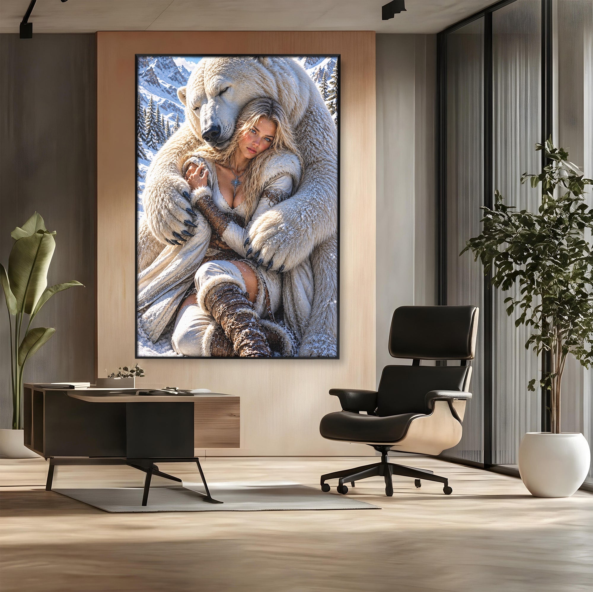 Tablou Canvas Premium LuxCanva® U1127, Imbratisarea Ursului Polar, Iarna, Femeie, Natura,  Urs, Polar, Living, Culori Vibrante