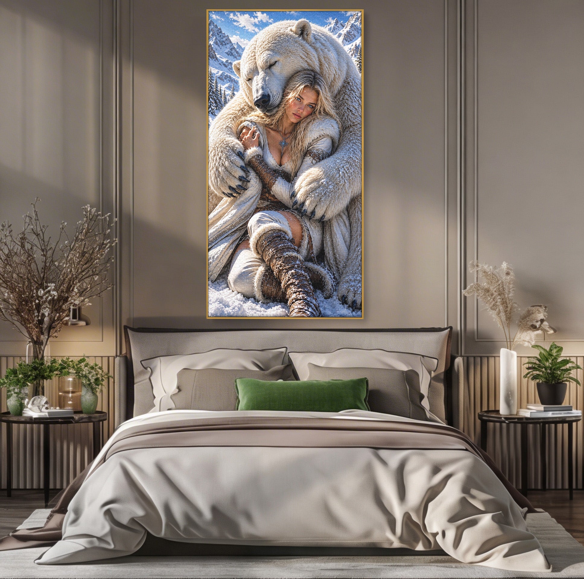 Tablou Canvas Premium LuxCanva® U1127, Imbratisarea Ursului Polar, Iarna, Femeie, Natura,  Urs, Polar, Living, Culori Vibrante