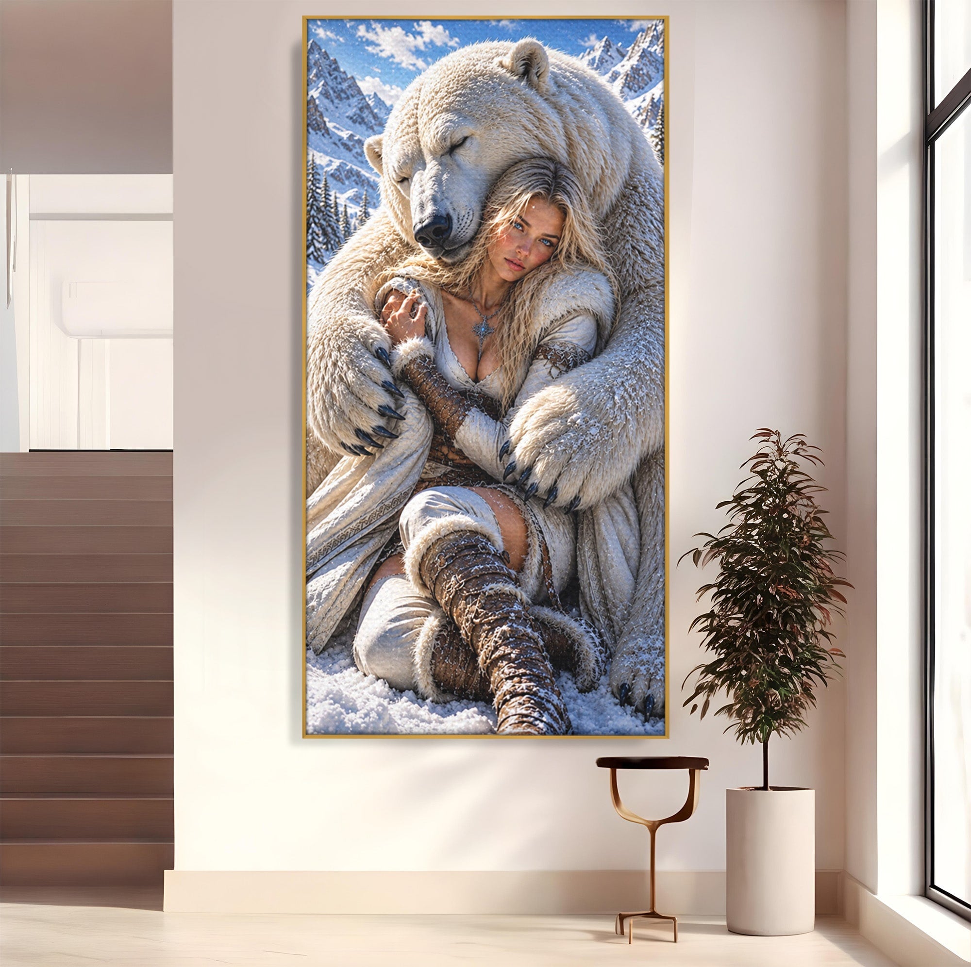 Tablou Canvas Premium LuxCanva® U1127, Imbratisarea Ursului Polar, Iarna, Femeie, Natura,  Urs, Polar, Living, Culori Vibrante