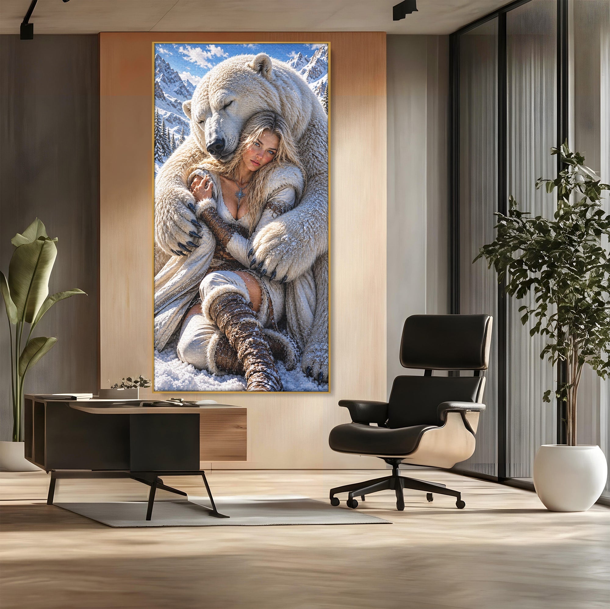 Tablou Canvas Premium LuxCanva® U1127, Imbratisarea Ursului Polar, Iarna, Femeie, Natura,  Urs, Polar, Living, Culori Vibrante