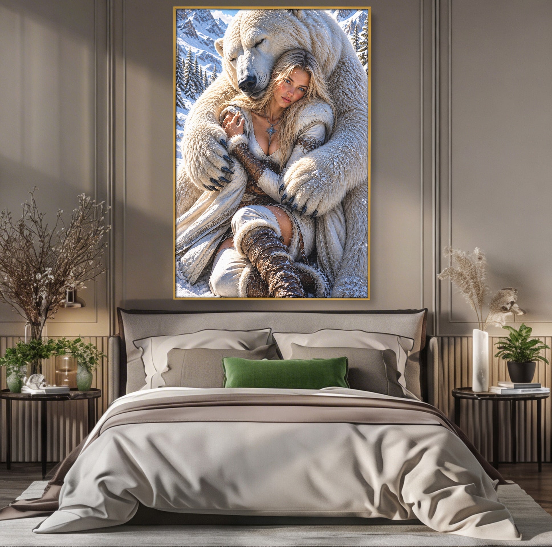 Tablou Canvas Premium LuxCanva® U1127, Imbratisarea Ursului Polar, Iarna, Femeie, Natura,  Urs, Polar, Living, Culori Vibrante
