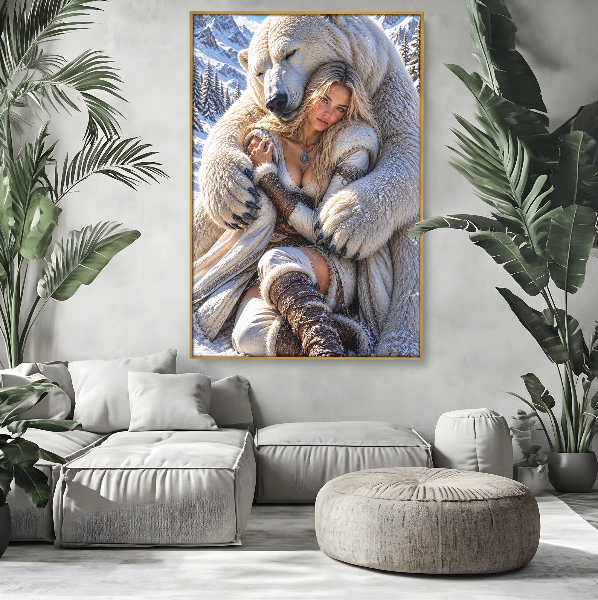 Tablou Canvas Premium LuxCanva® U1127, Imbratisarea Ursului Polar, Iarna, Femeie, Natura,  Urs, Polar, Living, Culori Vibrante