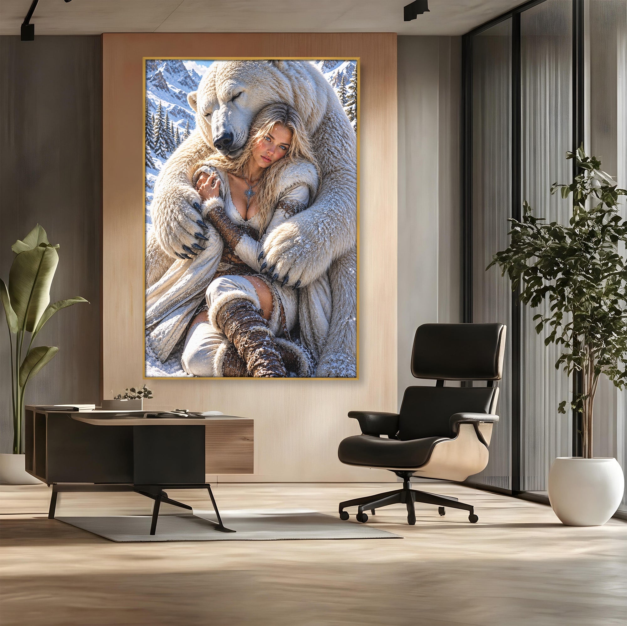 Tablou Canvas Premium LuxCanva® U1127, Imbratisarea Ursului Polar, Iarna, Femeie, Natura,  Urs, Polar, Living, Culori Vibrante