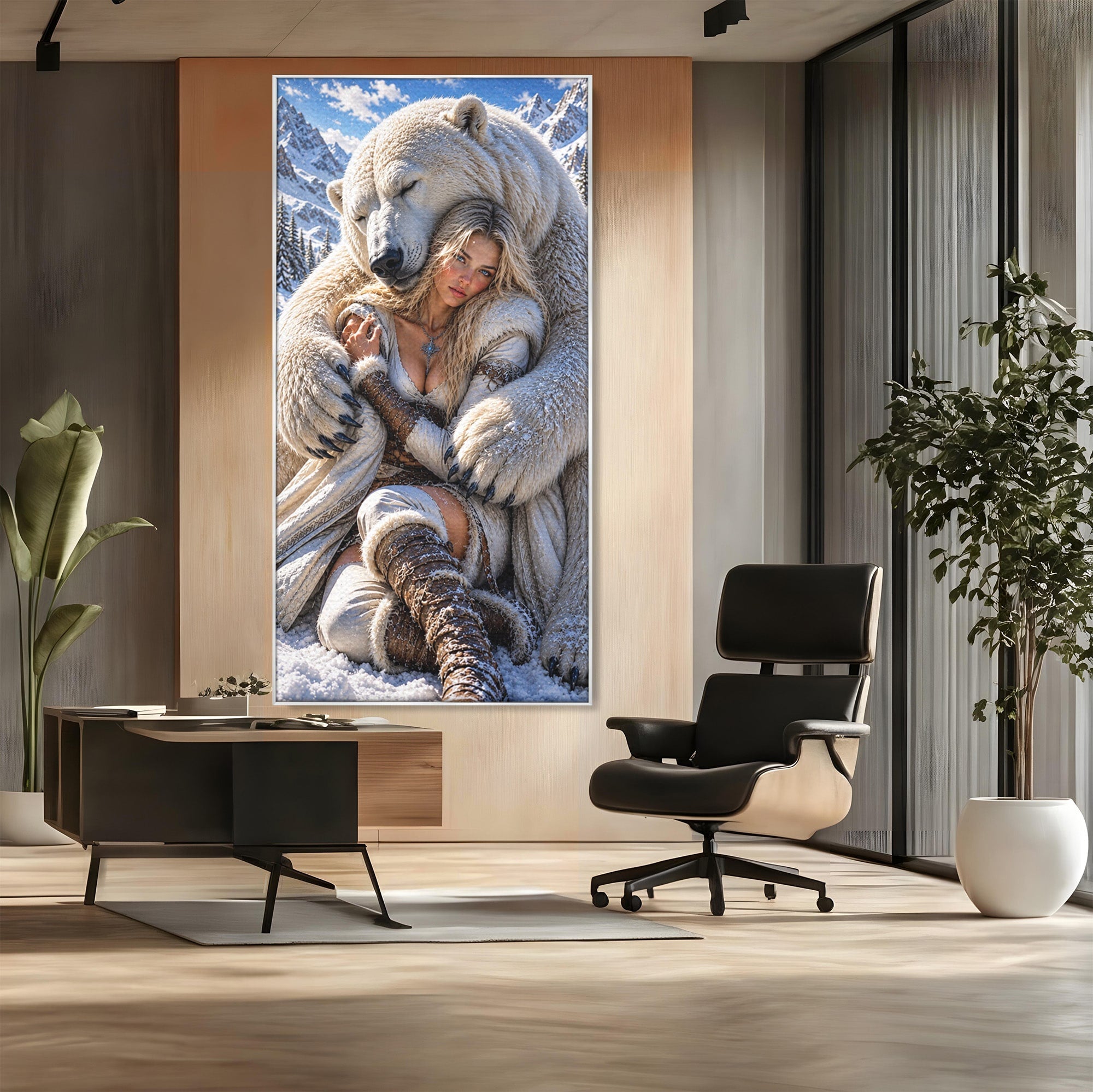 Tablou Canvas Premium LuxCanva® U1127, Imbratisarea Ursului Polar, Iarna, Femeie, Natura,  Urs, Polar, Living, Culori Vibrante