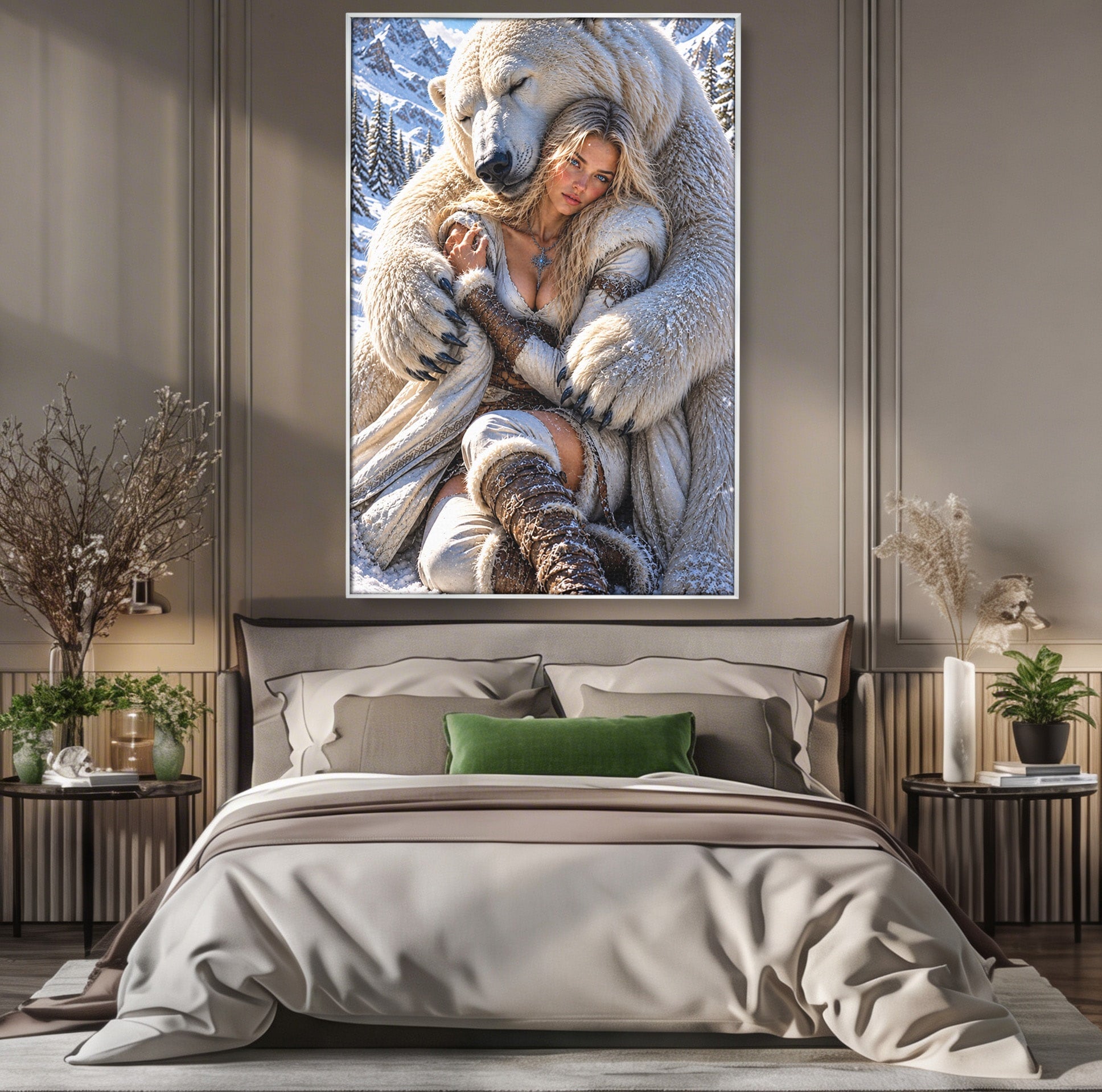 Tablou Canvas Premium LuxCanva® U1127, Imbratisarea Ursului Polar, Iarna, Femeie, Natura,  Urs, Polar, Living, Culori Vibrante
