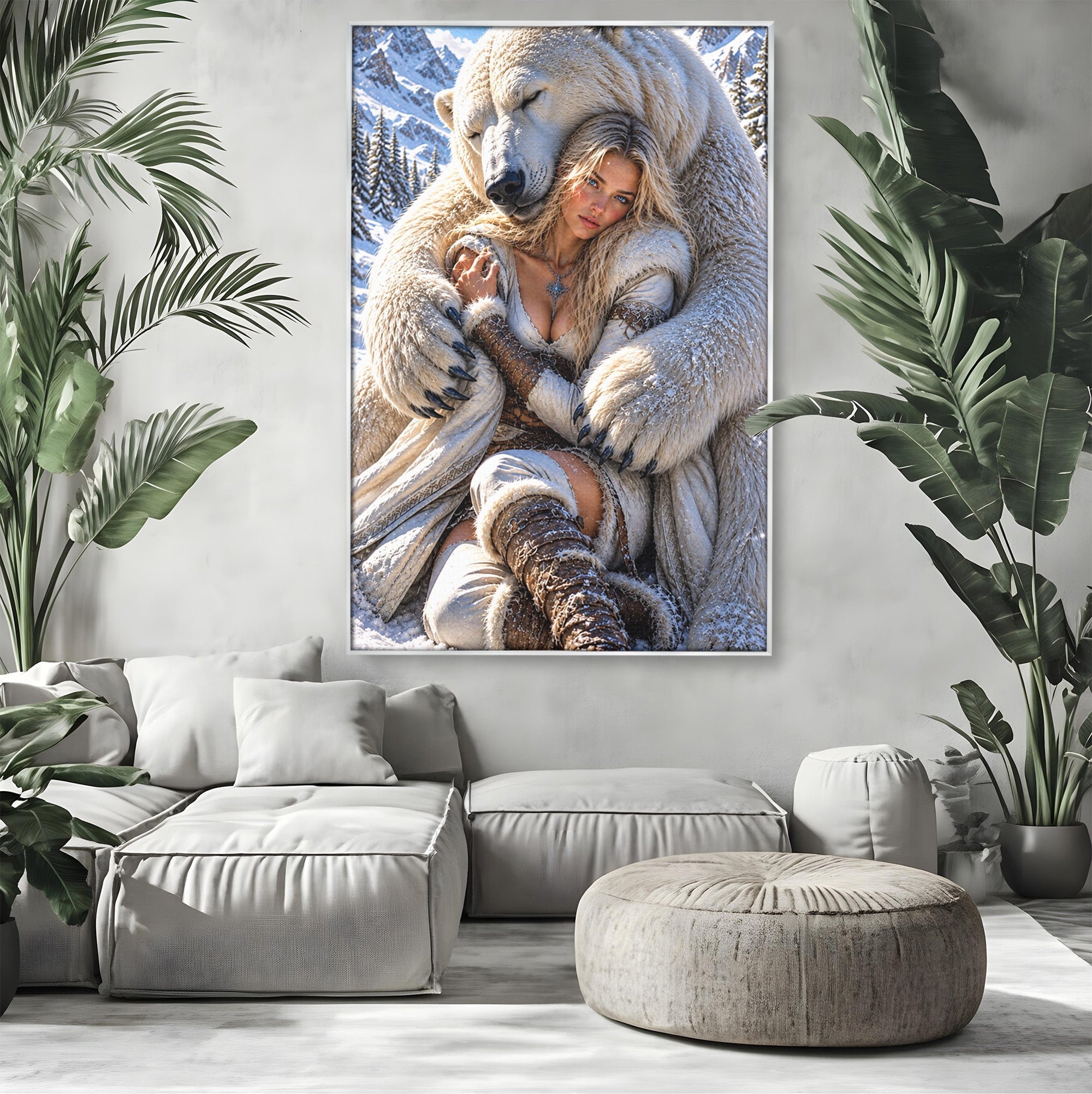 Tablou Canvas Premium LuxCanva® U1127, Imbratisarea Ursului Polar, Iarna, Femeie, Natura,  Urs, Polar, Living, Culori Vibrante