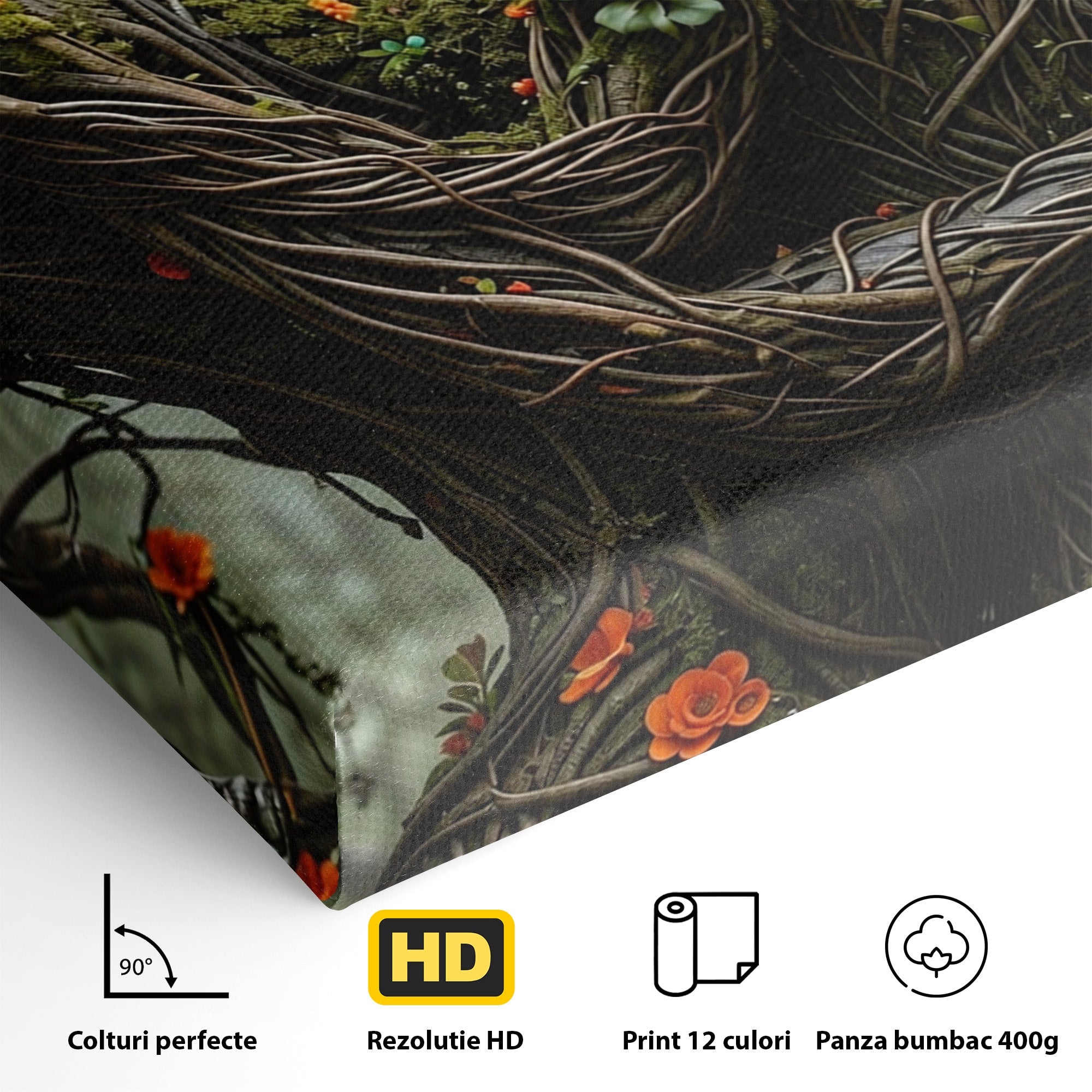 Tablou Canvas Premium LuxCanva® U1129, Îmbrățișarea Elementelor, Cuplu, Natura, Trunchiuri, Flori, Living, Dormitor, Culori Vibrante
