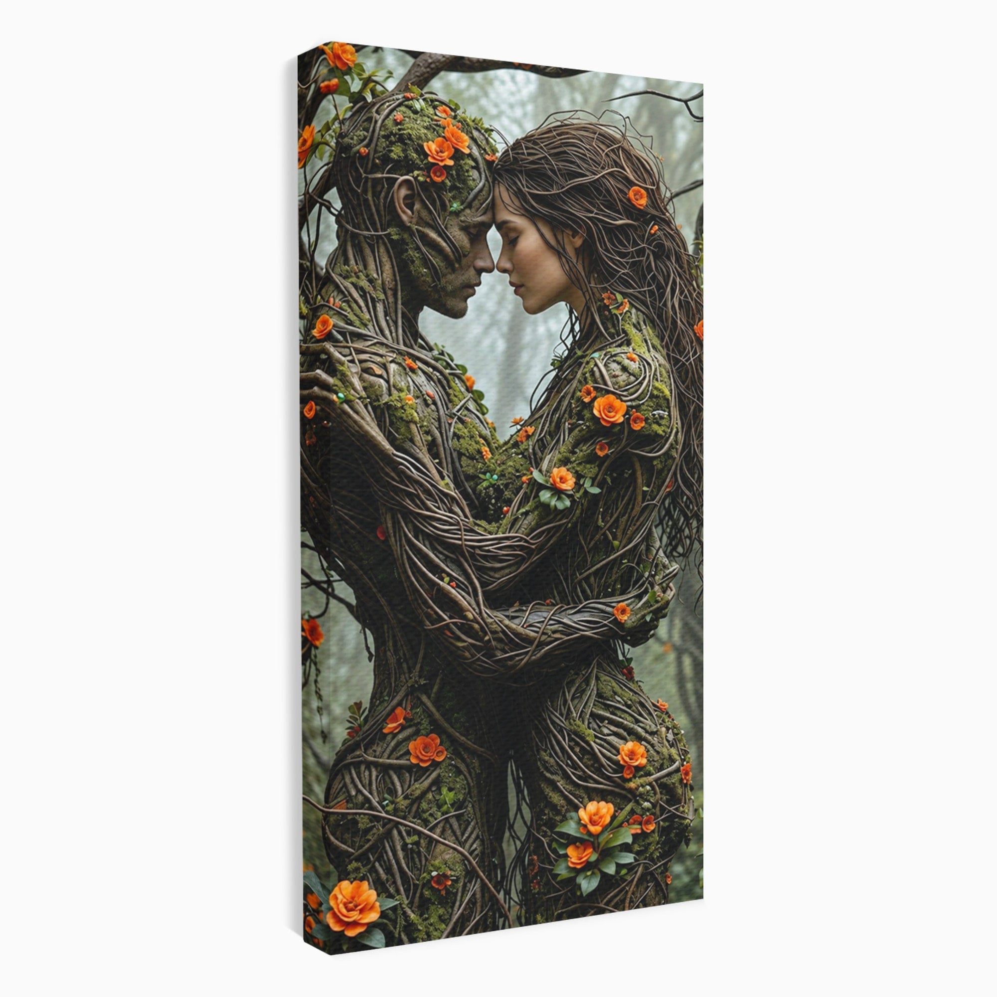 Tablou Canvas Premium LuxCanva® U1129, Îmbrățișarea Elementelor, Cuplu, Natura, Trunchiuri, Flori, Living, Dormitor, Culori Vibrante