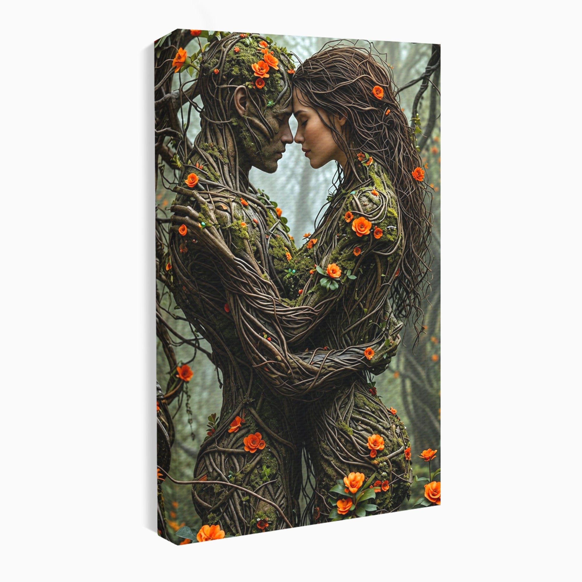 Tablou Canvas Premium LuxCanva® U1129, Îmbrățișarea Elementelor, Cuplu, Natura, Trunchiuri, Flori, Living, Dormitor, Culori Vibrante