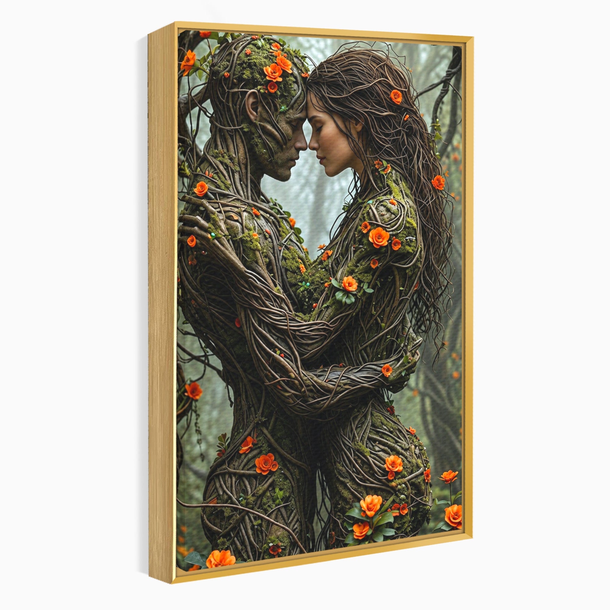 Tablou Canvas Premium LuxCanva® U1129, Îmbrățișarea Elementelor, Cuplu, Natura, Trunchiuri, Flori, Living, Dormitor, Culori Vibrante