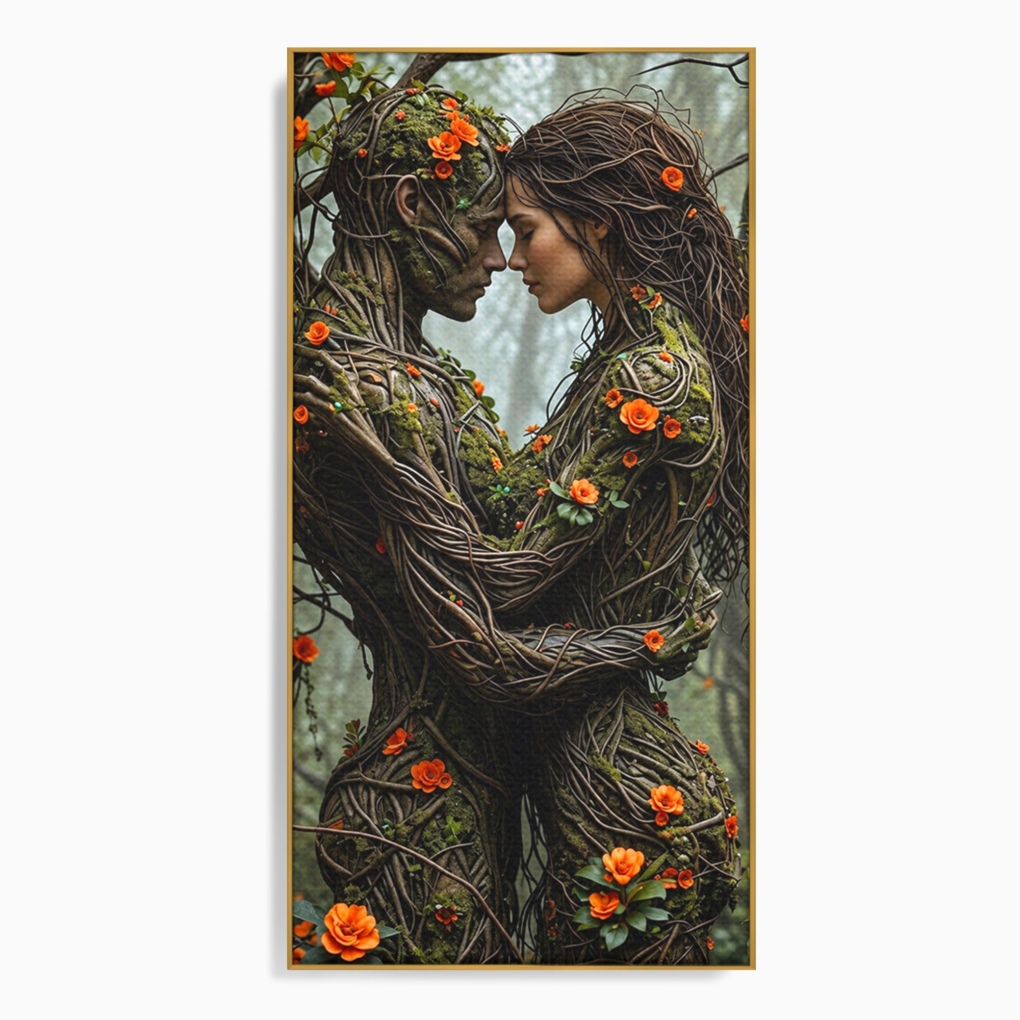 Tablou Canvas Premium LuxCanva® U1129, Îmbrățișarea Elementelor, Cuplu, Natura, Trunchiuri, Flori, Living, Dormitor, Culori Vibrante