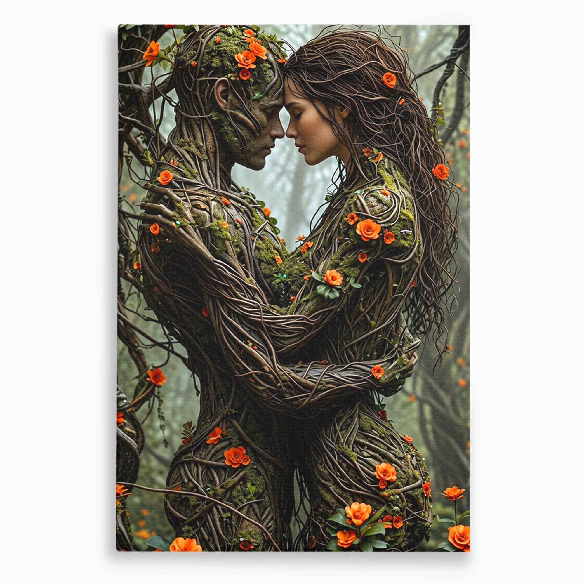 Tablou Canvas Premium LuxCanva® U1129, Îmbrățișarea Elementelor, Cuplu, Natura, Trunchiuri, Flori, Living, Dormitor, Culori Vibrante