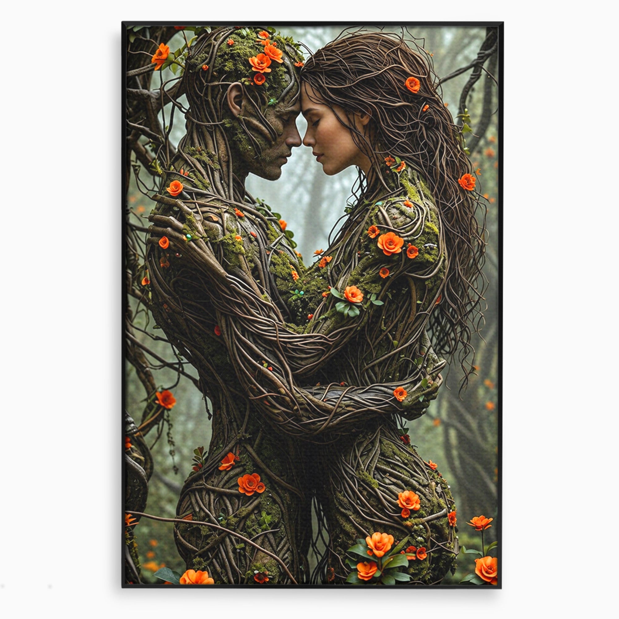 Tablou Canvas Premium LuxCanva® U1129, Îmbrățișarea Elementelor, Cuplu, Natura, Trunchiuri, Flori, Living, Dormitor, Culori Vibrante