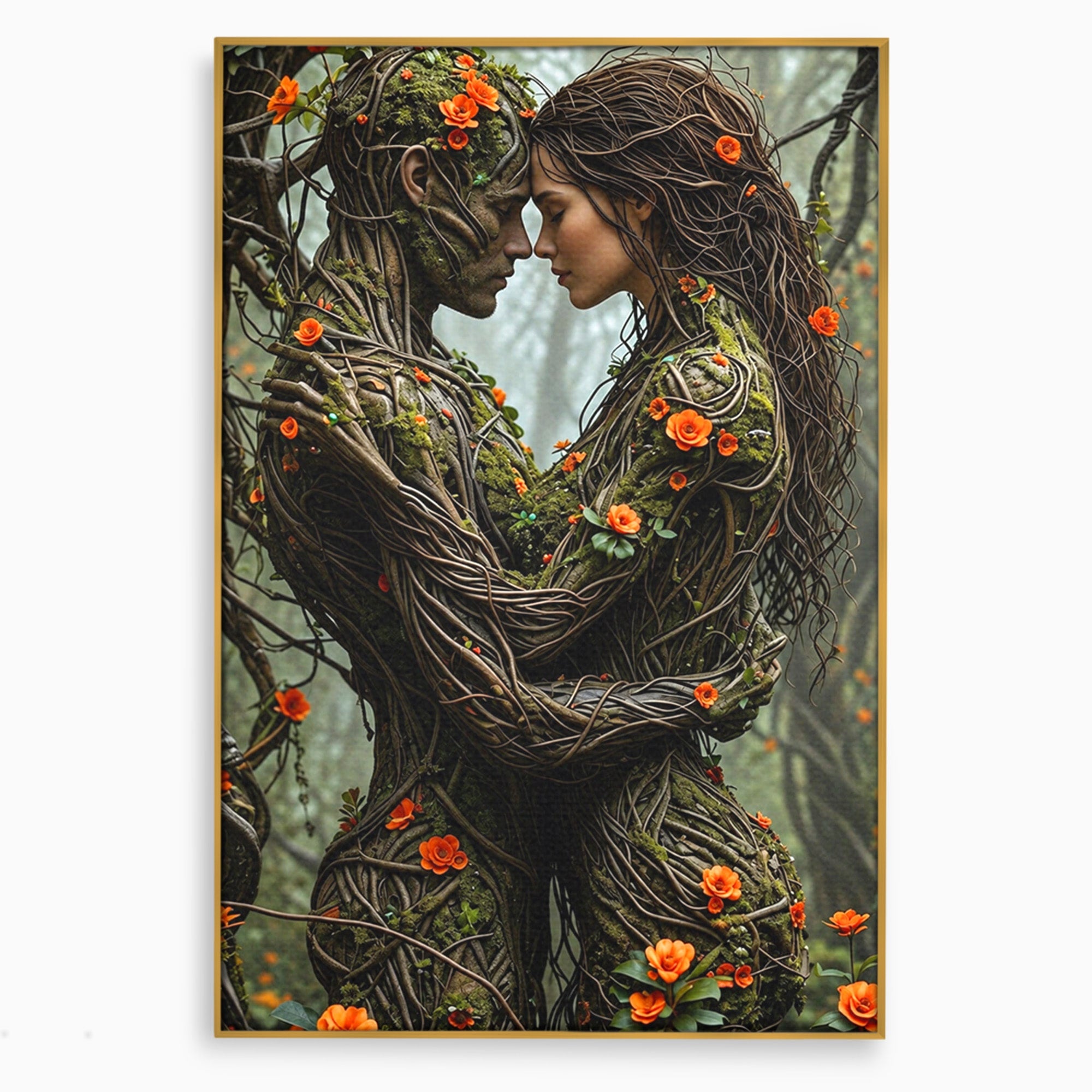 Tablou Canvas Premium LuxCanva® U1129, Îmbrățișarea Elementelor, Cuplu, Natura, Trunchiuri, Flori, Living, Dormitor, Culori Vibrante