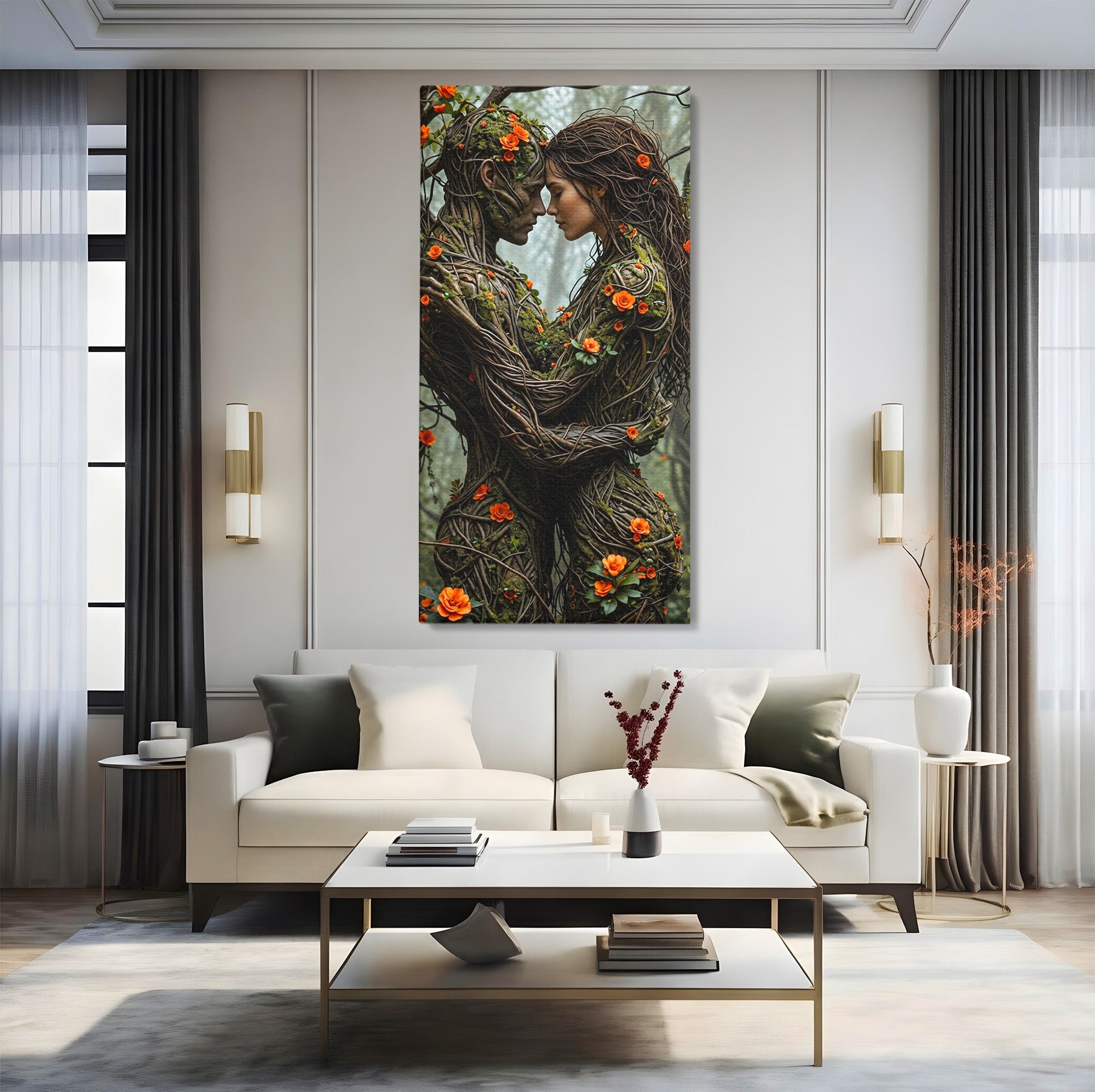 Tablou Canvas Premium LuxCanva® U1129, Îmbrățișarea Elementelor, Cuplu, Natura, Trunchiuri, Flori, Living, Dormitor, Culori Vibrante