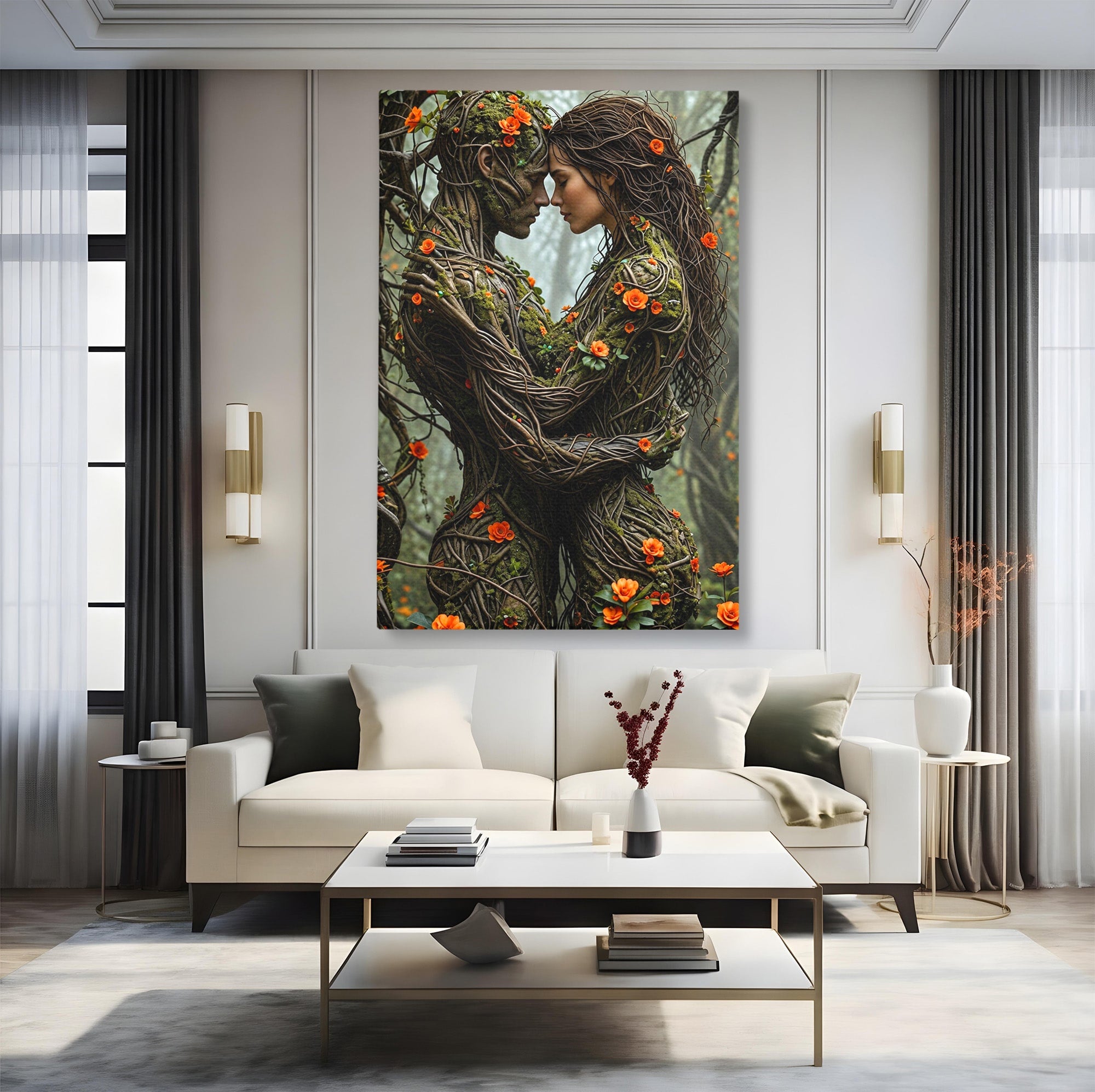 Tablou Canvas Premium LuxCanva® U1129, Îmbrățișarea Elementelor, Cuplu, Natura, Trunchiuri, Flori, Living, Dormitor, Culori Vibrante