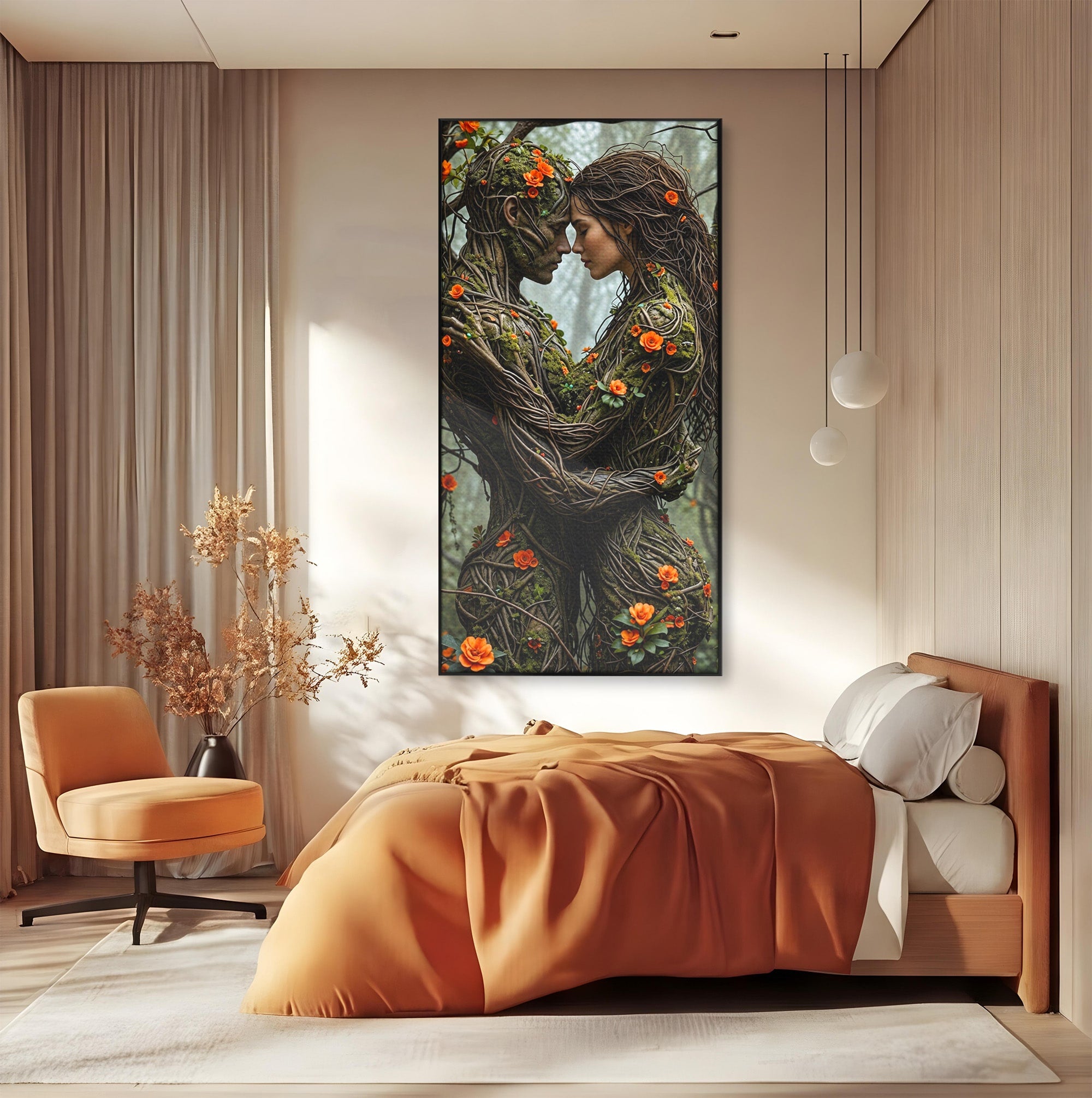 Tablou Canvas Premium LuxCanva® U1129, Îmbrățișarea Elementelor, Cuplu, Natura, Trunchiuri, Flori, Living, Dormitor, Culori Vibrante