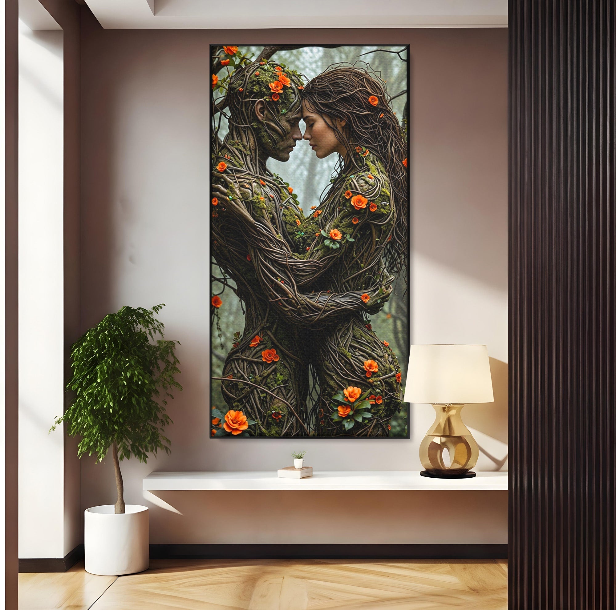 Tablou Canvas Premium LuxCanva® U1129, Îmbrățișarea Elementelor, Cuplu, Natura, Trunchiuri, Flori, Living, Dormitor, Culori Vibrante