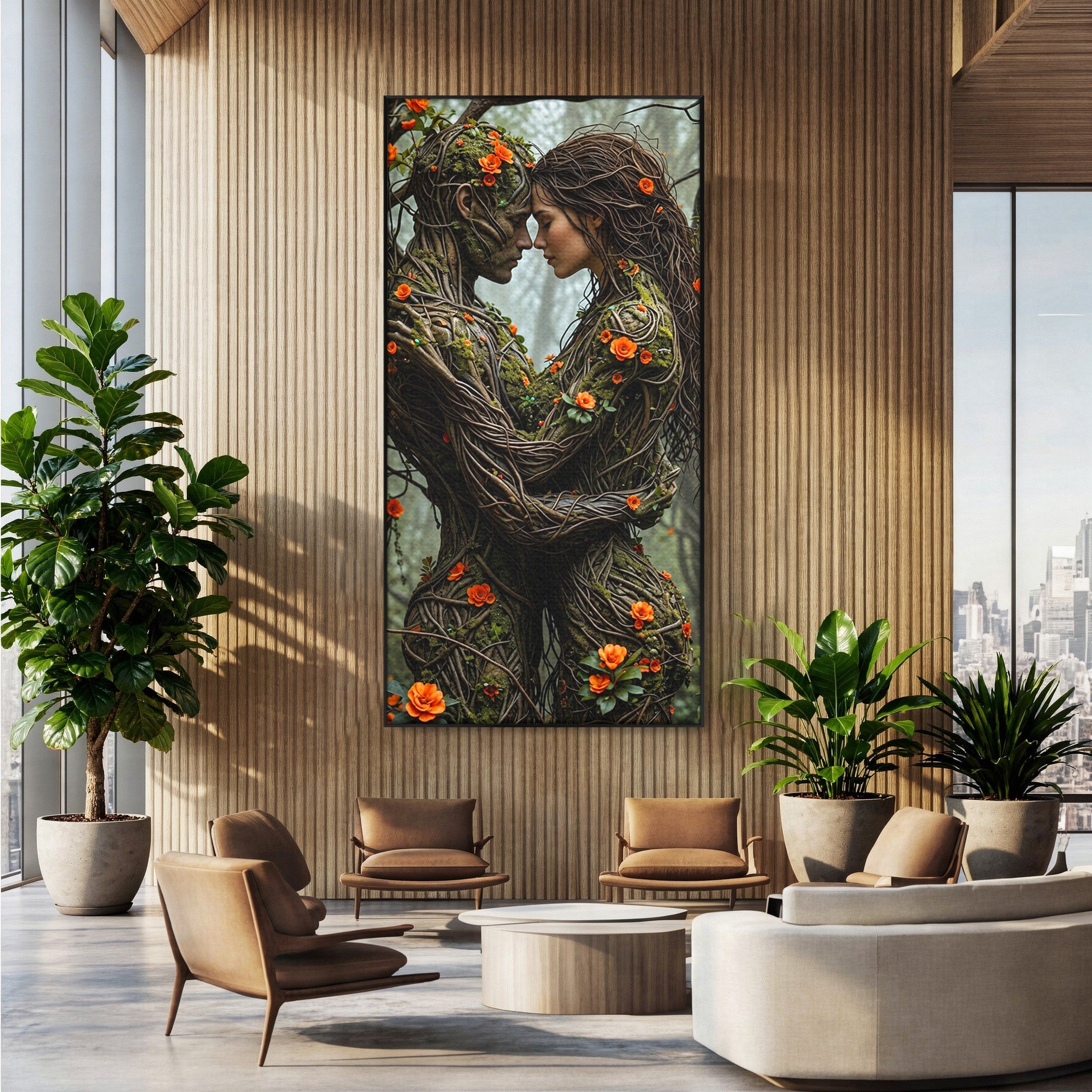 Tablou Canvas Premium LuxCanva® U1129, Îmbrățișarea Elementelor, Cuplu, Natura, Trunchiuri, Flori, Living, Dormitor, Culori Vibrante