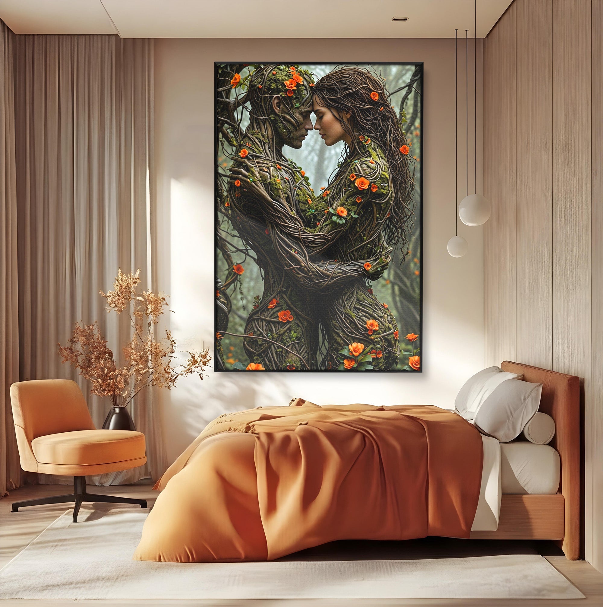 Tablou Canvas Premium LuxCanva® U1129, Îmbrățișarea Elementelor, Cuplu, Natura, Trunchiuri, Flori, Living, Dormitor, Culori Vibrante