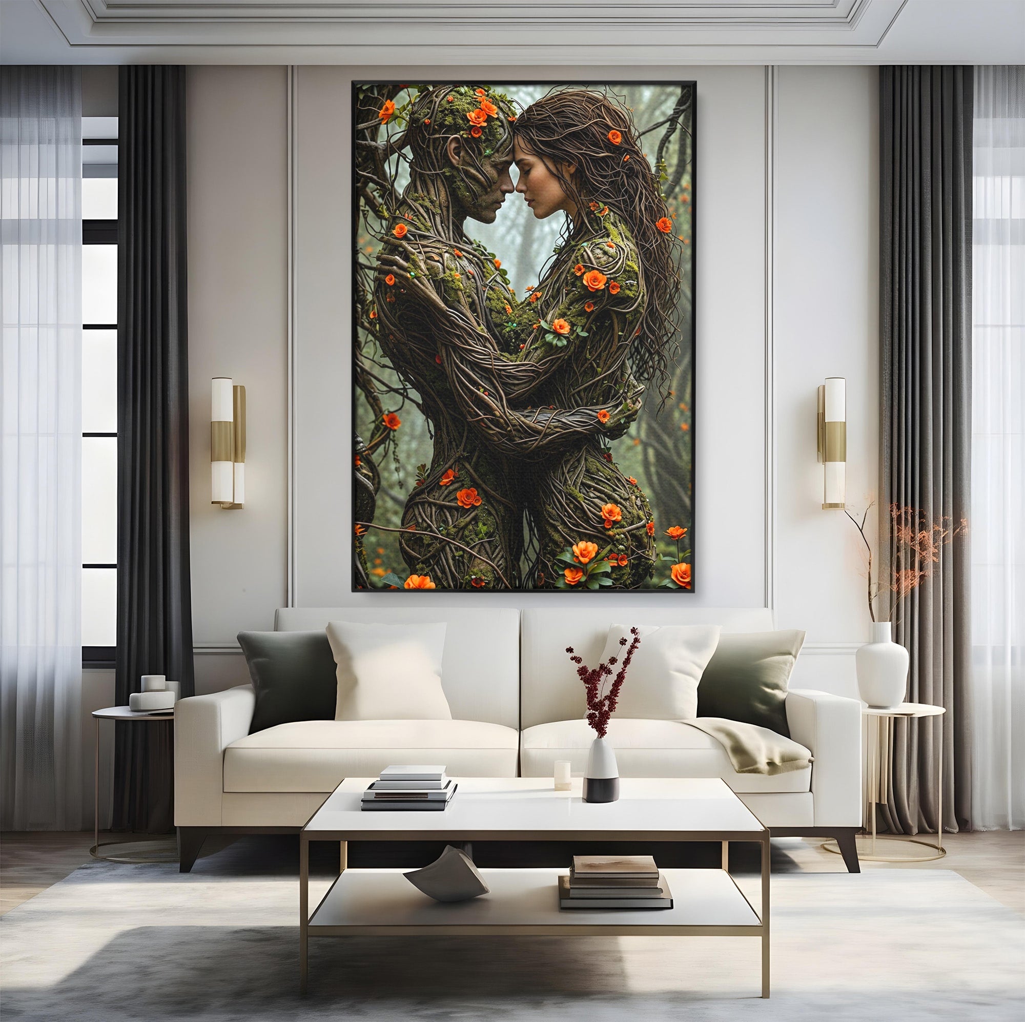 Tablou Canvas Premium LuxCanva® U1129, Îmbrățișarea Elementelor, Cuplu, Natura, Trunchiuri, Flori, Living, Dormitor, Culori Vibrante