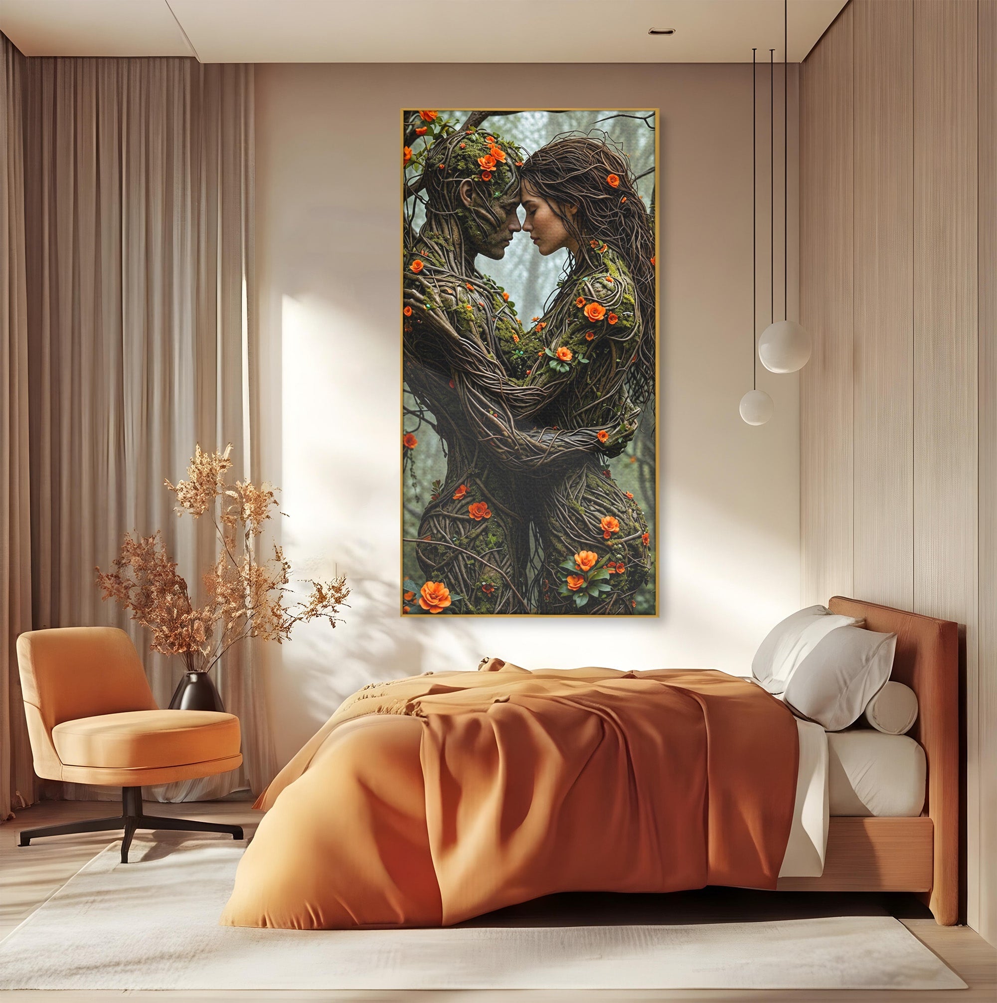 Tablou Canvas Premium LuxCanva® U1129, Îmbrățișarea Elementelor, Cuplu, Natura, Trunchiuri, Flori, Living, Dormitor, Culori Vibrante
