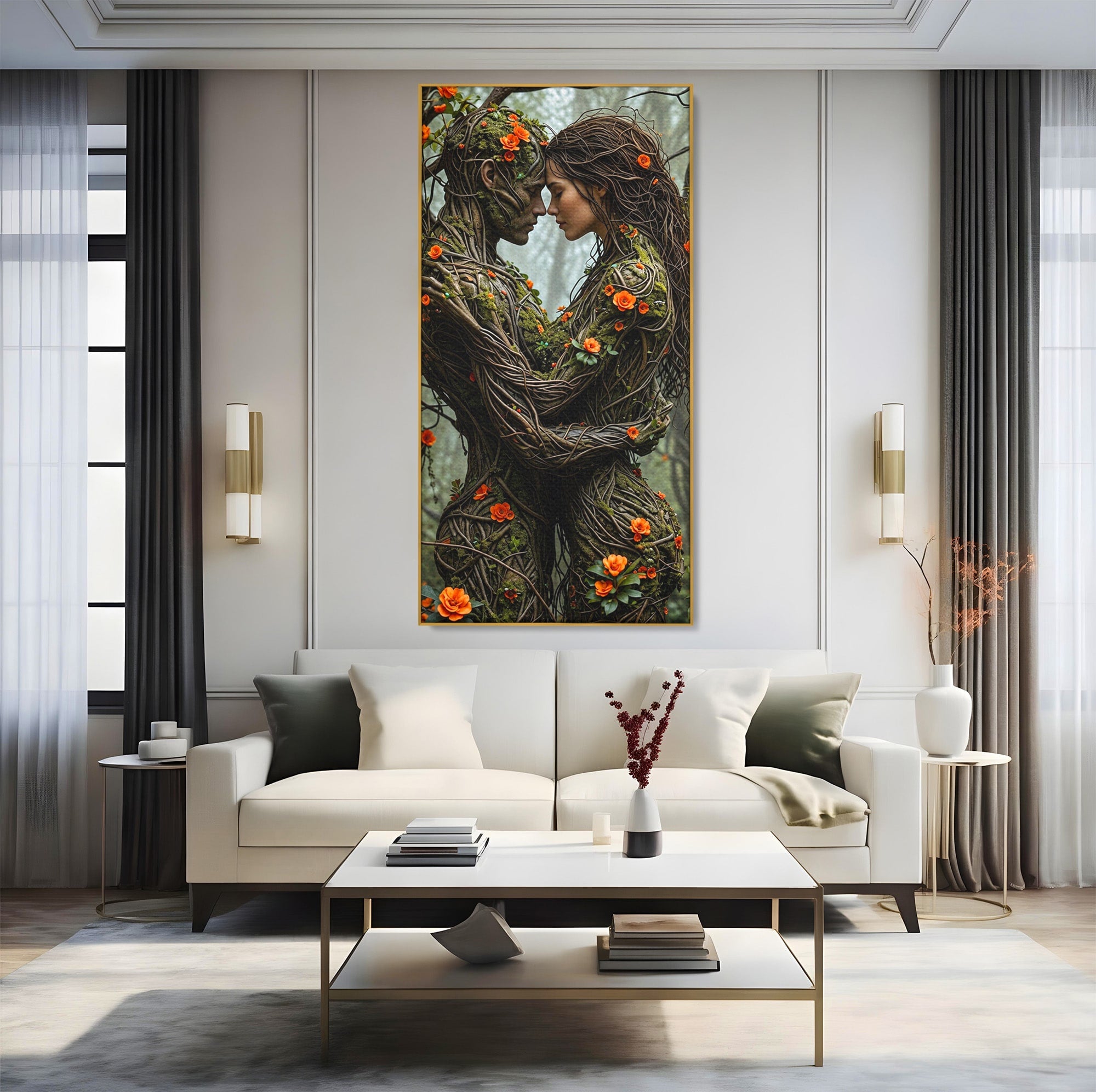 Tablou Canvas Premium LuxCanva® U1129, Îmbrățișarea Elementelor, Cuplu, Natura, Trunchiuri, Flori, Living, Dormitor, Culori Vibrante