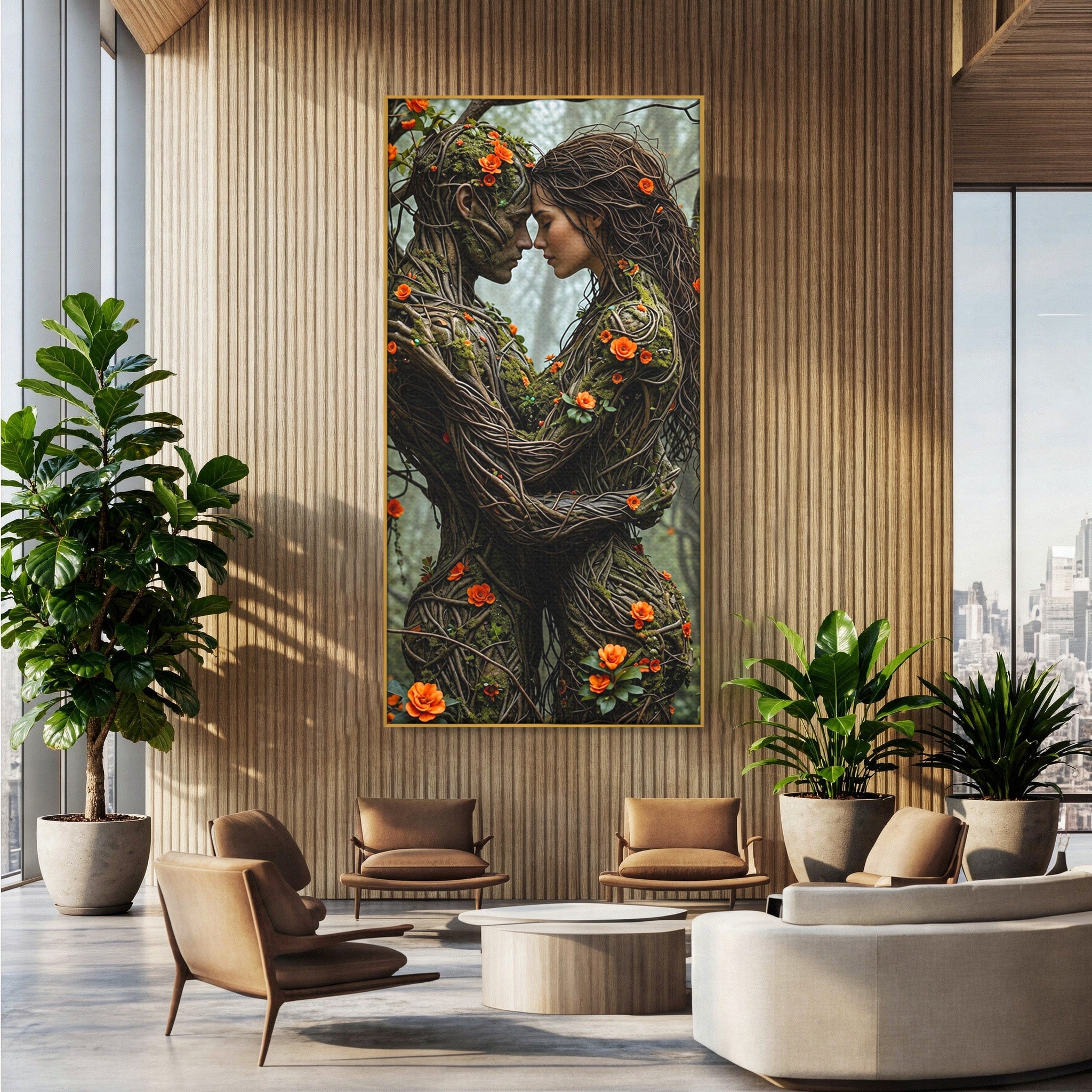 Tablou Canvas Premium LuxCanva® U1129, Îmbrățișarea Elementelor, Cuplu, Natura, Trunchiuri, Flori, Living, Dormitor, Culori Vibrante