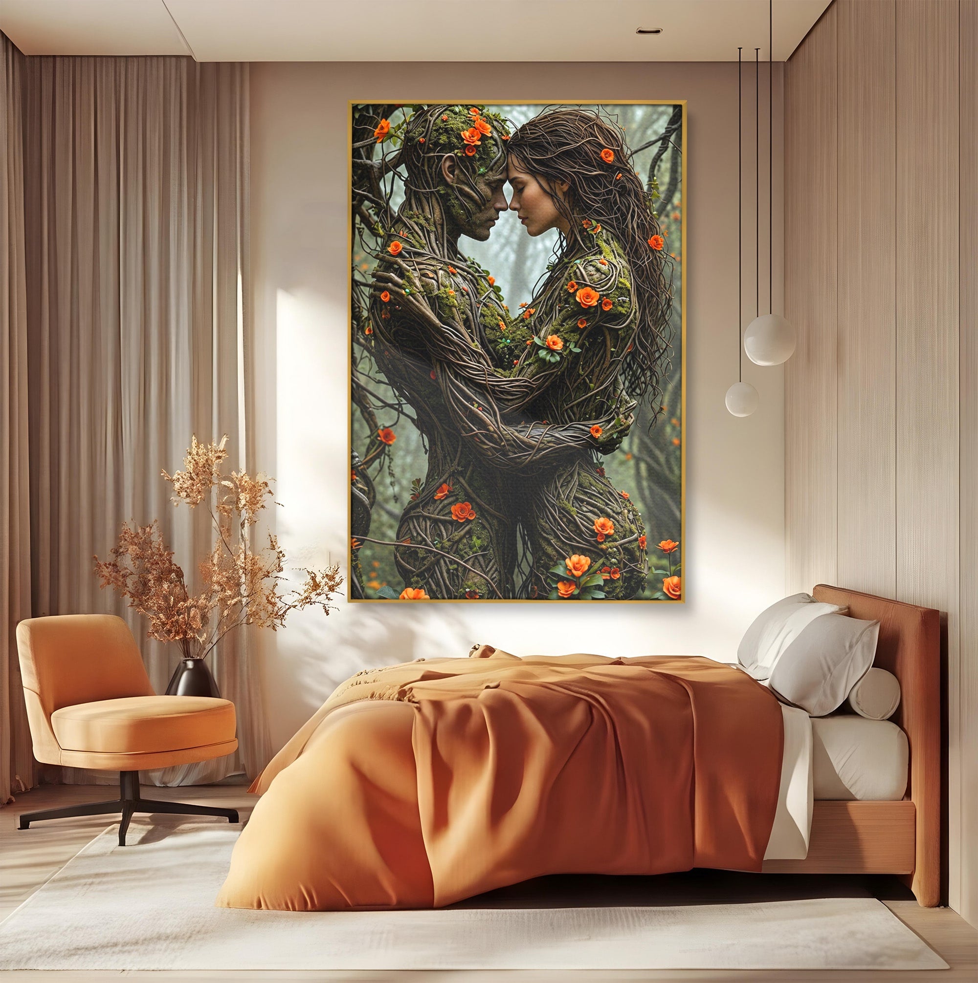 Tablou Canvas Premium LuxCanva® U1129, Îmbrățișarea Elementelor, Cuplu, Natura, Trunchiuri, Flori, Living, Dormitor, Culori Vibrante