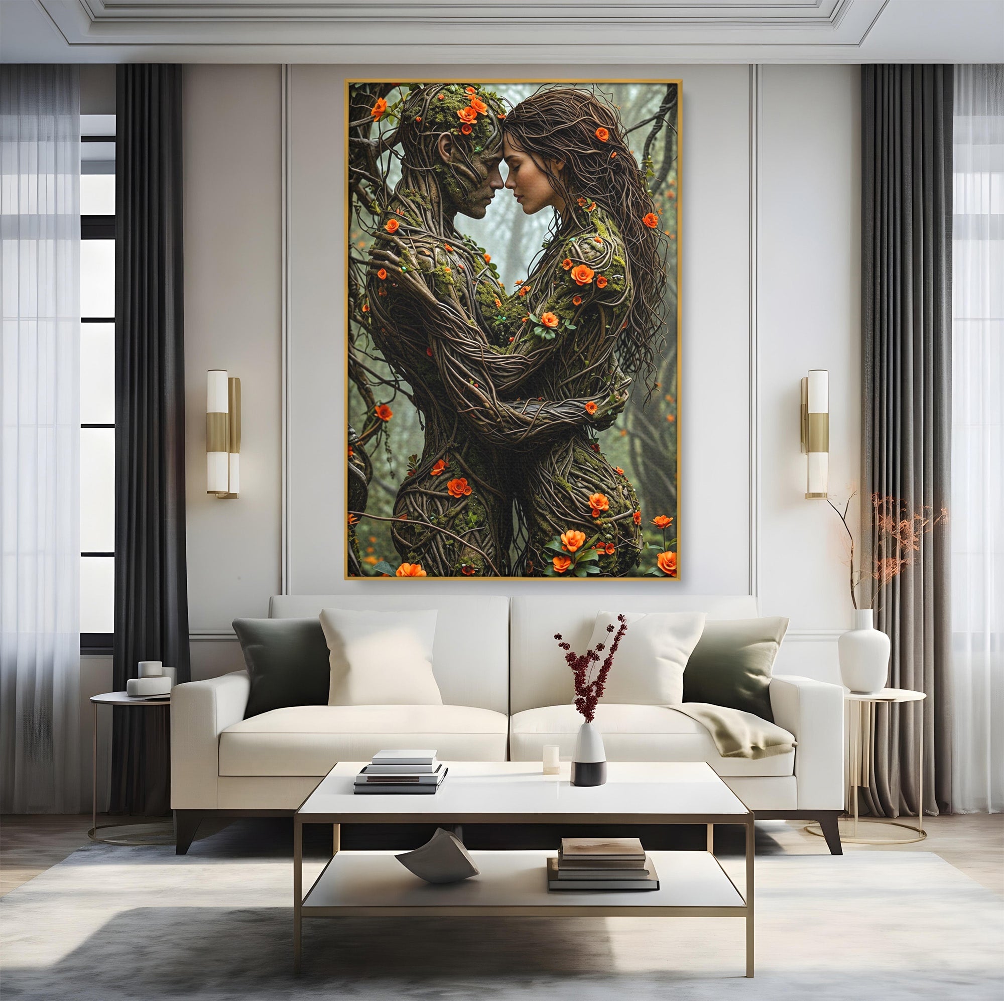 Tablou Canvas Premium LuxCanva® U1129, Îmbrățișarea Elementelor, Cuplu, Natura, Trunchiuri, Flori, Living, Dormitor, Culori Vibrante